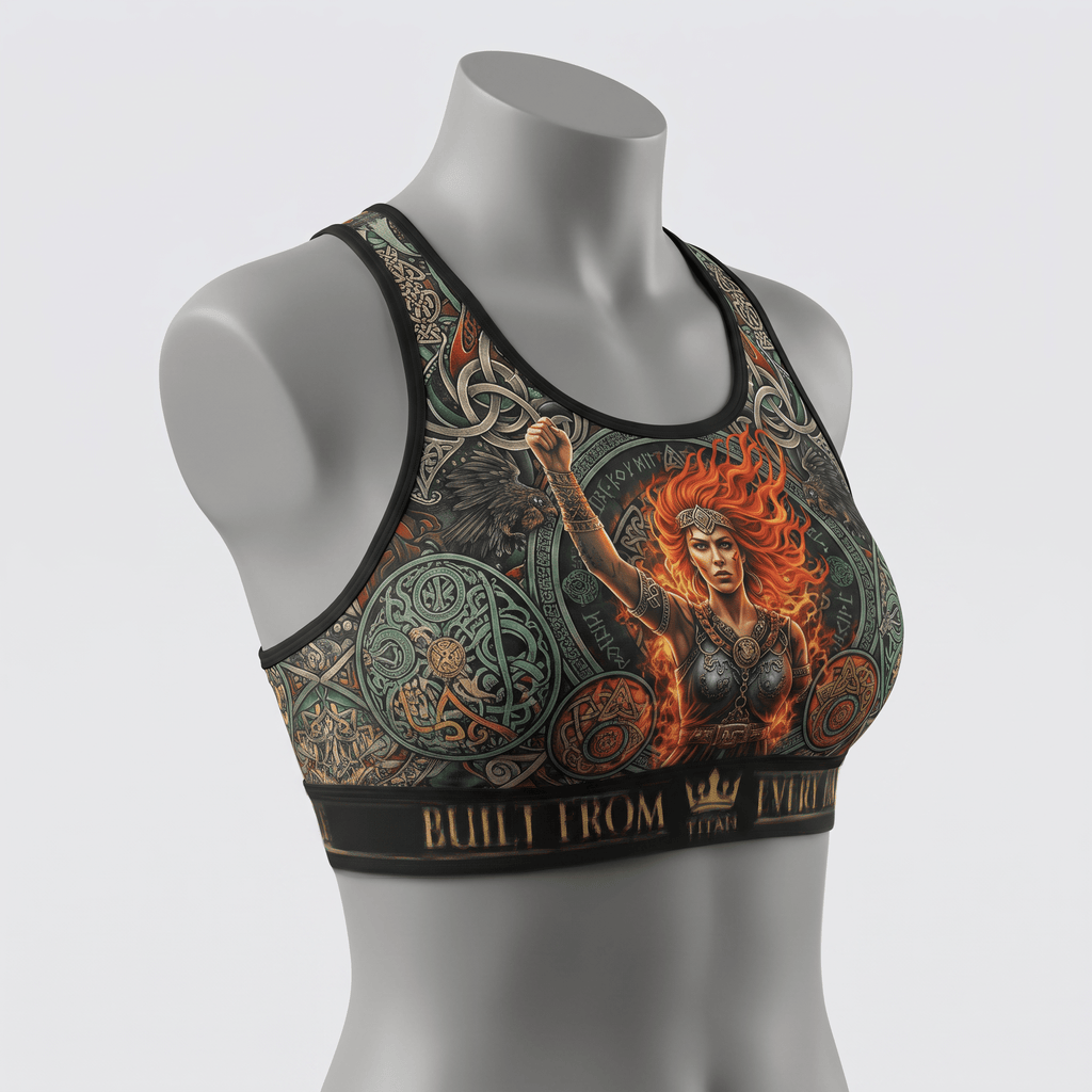 Grey athletic sports bra with Norse warrior woman graphic and Celtic knot patterns on a mannequin.