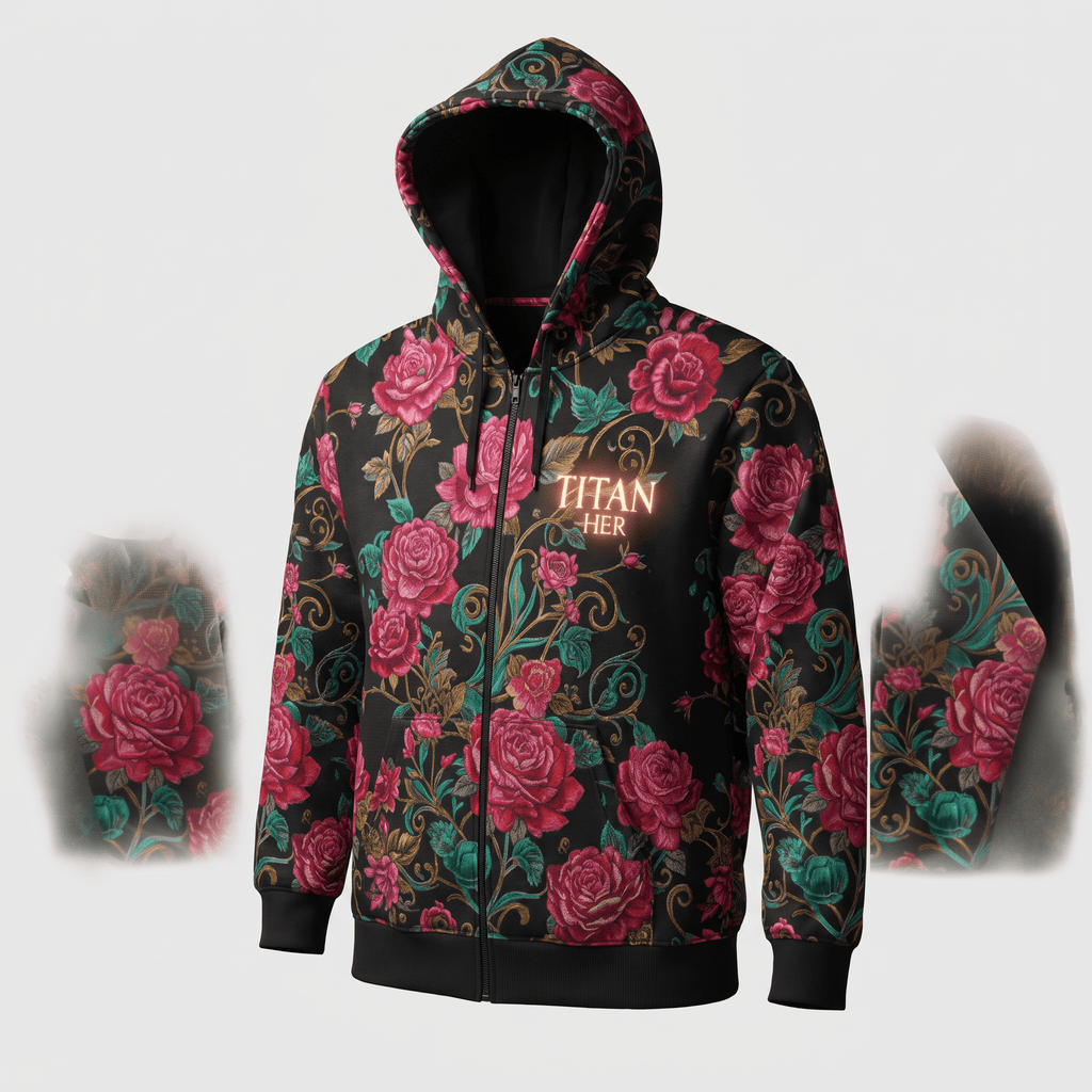 Black zip-up hoodie featuring a red and pink rose floral print with Titan Her logo on chest.