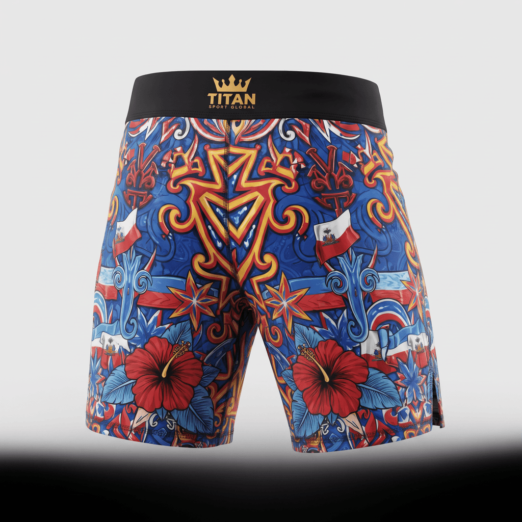 Titan Sport Global athletic shorts with blue, red, and yellow print featuring hibiscus flowers and flags.