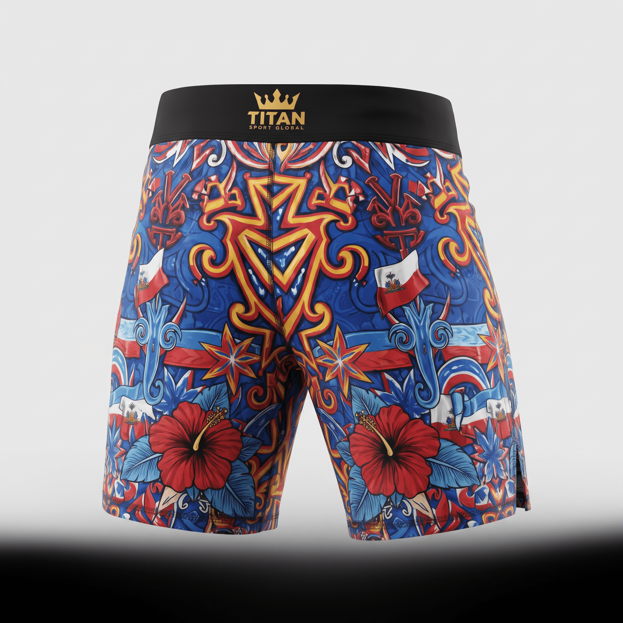 Titan Sport Global athletic shorts with blue, red, and yellow print featuring hibiscus flowers and flags.