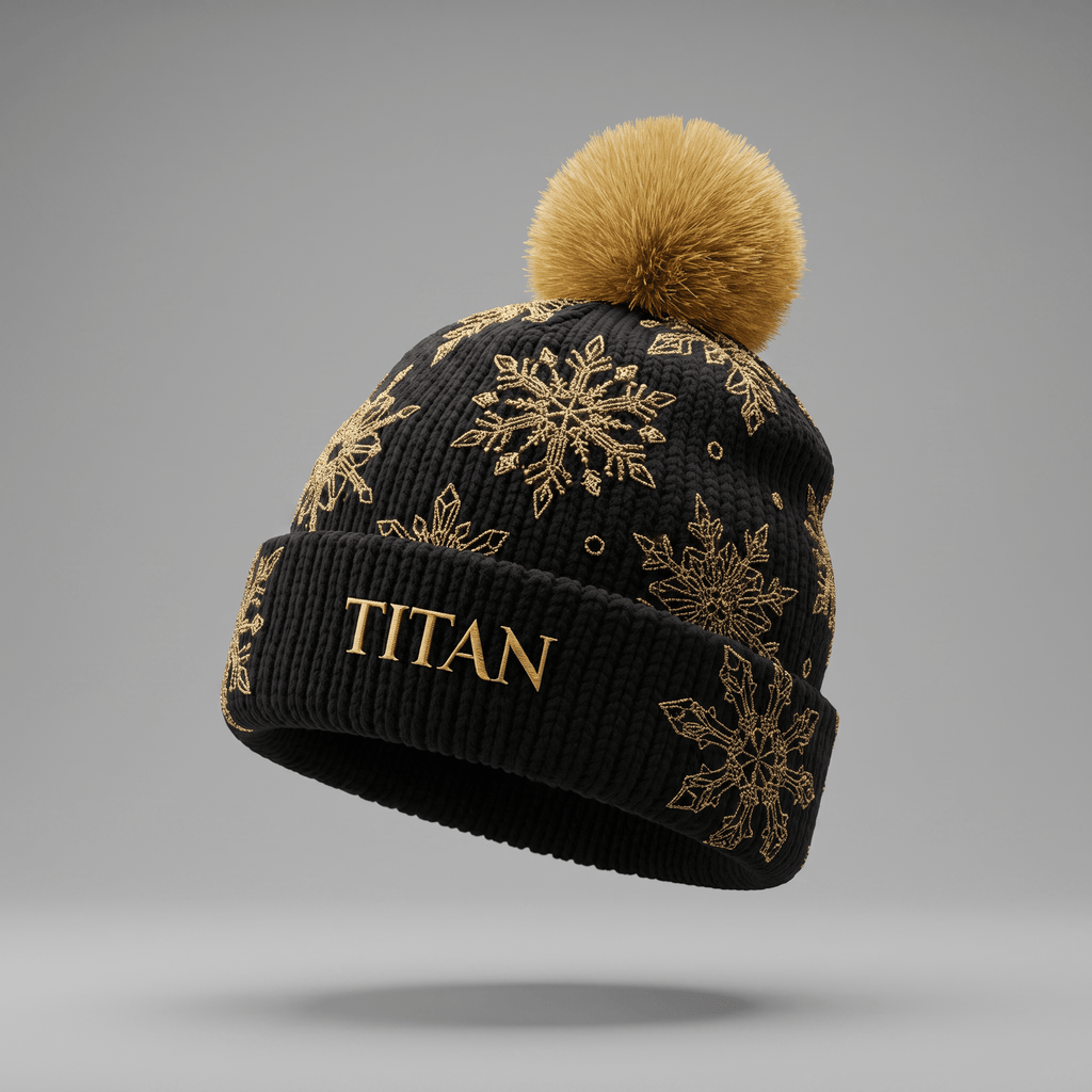 Black winter beanie with gold snowflakes, Titan text, and a tan pom-pom on a grey background.