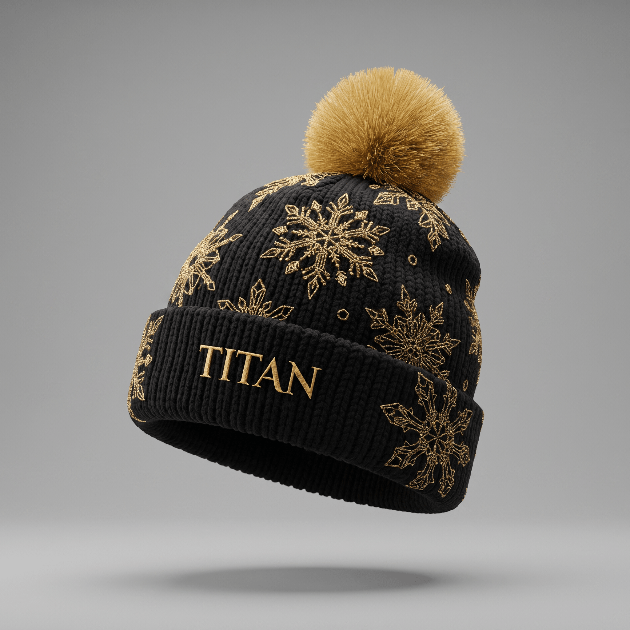 Black winter beanie with metallic gold snowflake embroidery, gold text TITAN on cuff, and a large gold pom pom.