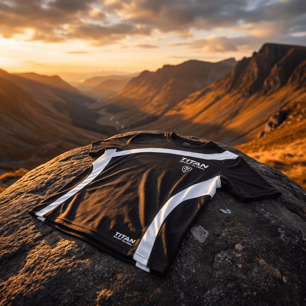 Black and white athletic T-shirt with Titan Sport Global branding on a mountain rock at sunset.