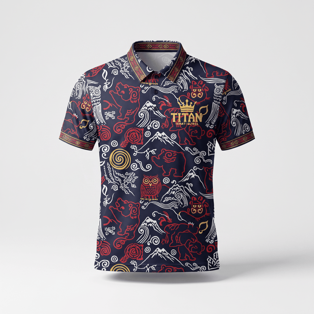 Dark blue polo shirt with red, white, and gold traditional Japanese style bear, owl, and mountain print.