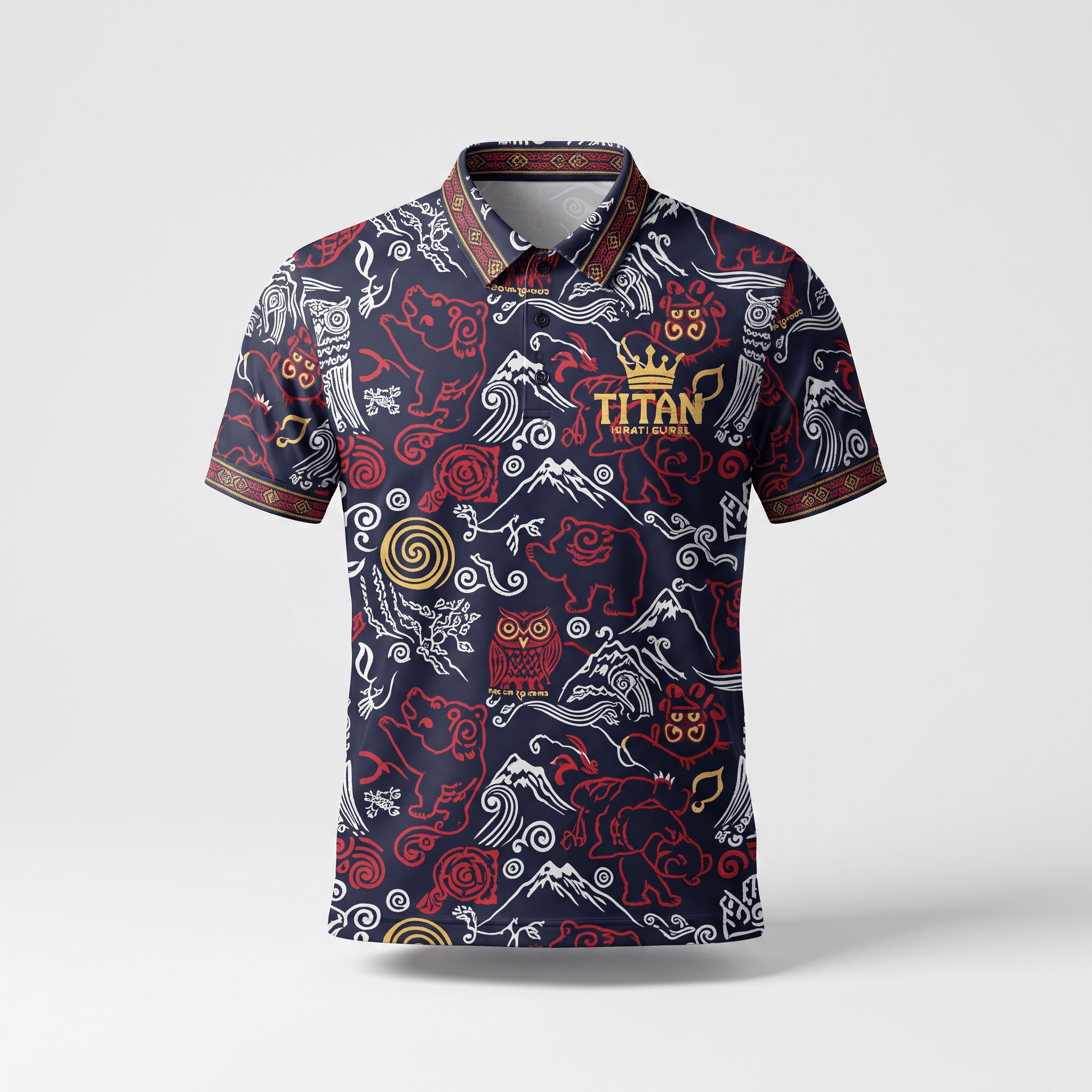 Dark blue polo shirt with red, white, and gold traditional Japanese style bear, owl, and mountain print.