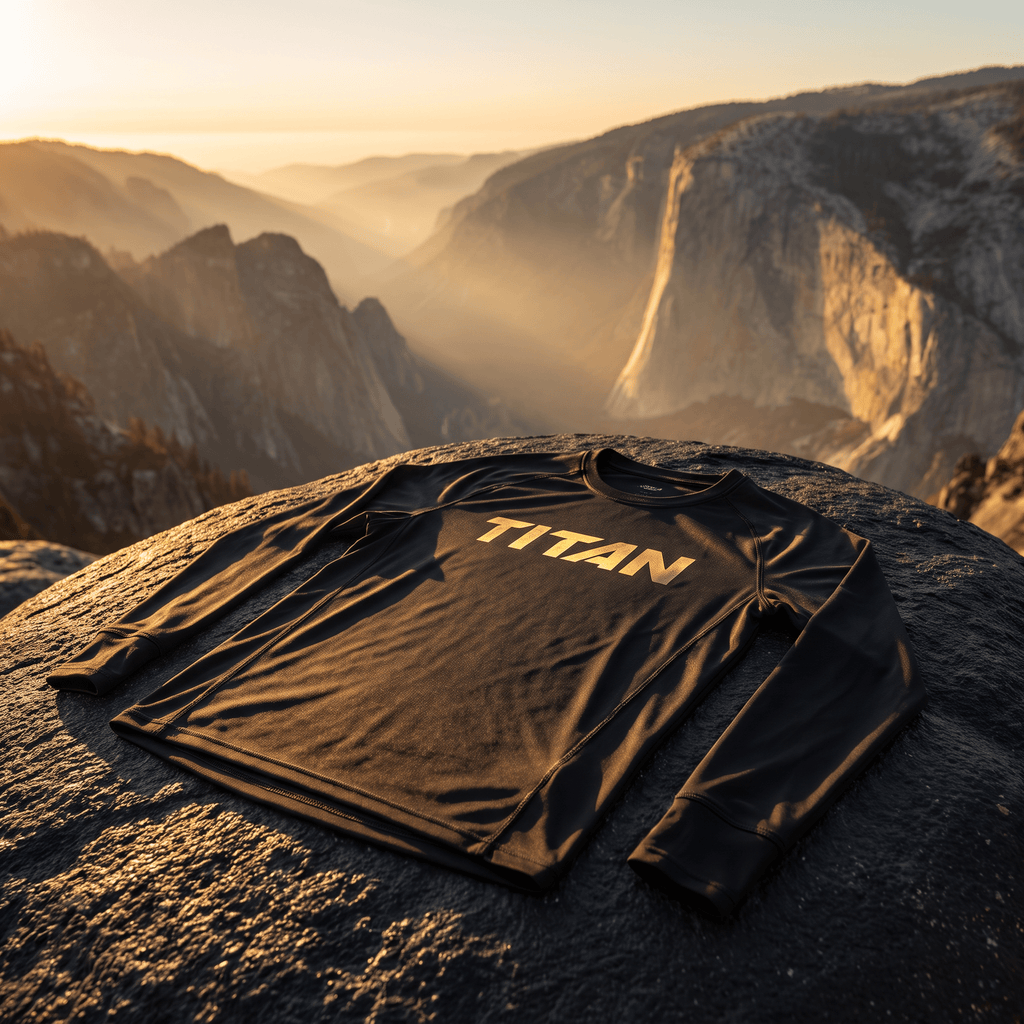 Black long-sleeve athletic shirt with "TITAN" printed in gold on the chest, displayed on a mountain cliff at sunset.