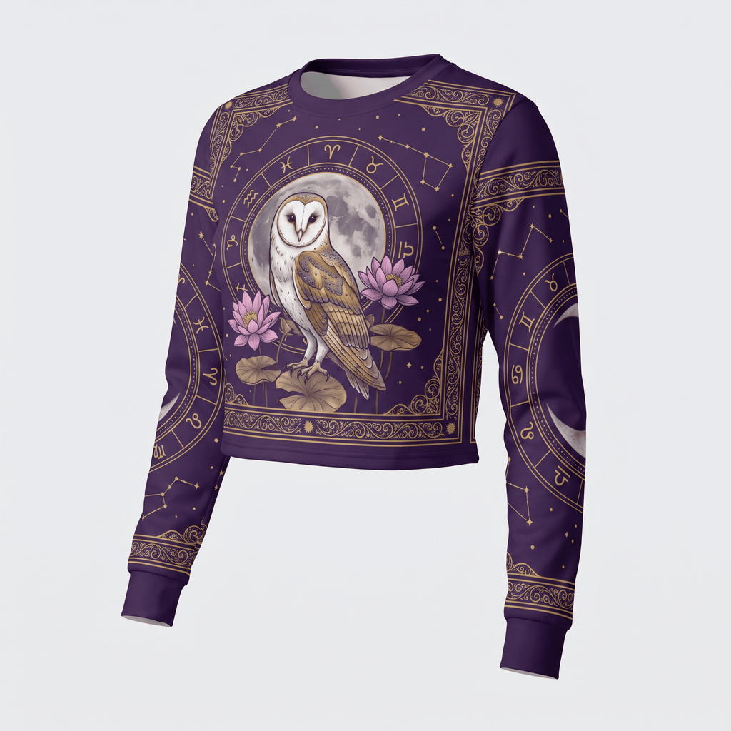 Purple long-sleeve crop sweatshirt featuring a barn owl, lotus flowers, moon, and zodiac astrology print.
