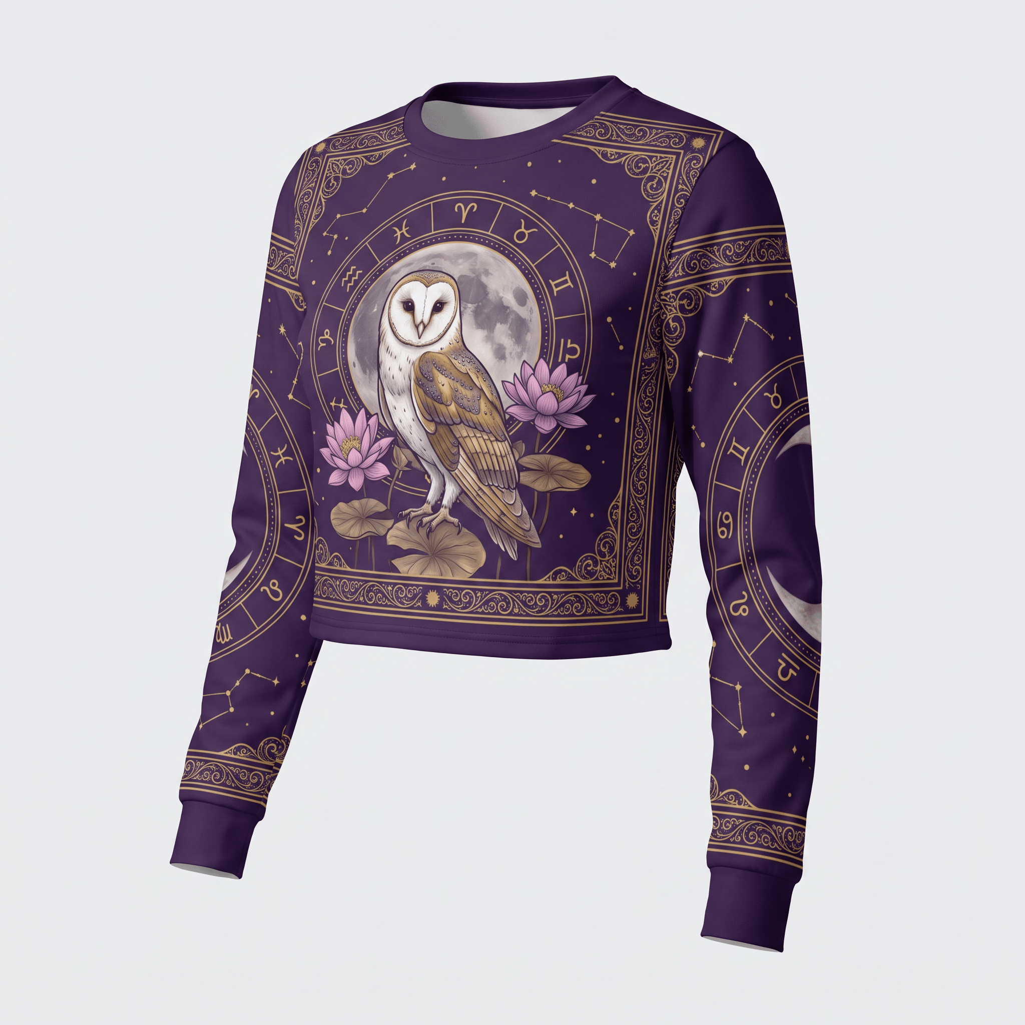 Purple long-sleeve crop sweatshirt featuring a barn owl, lotus flowers, moon, and zodiac astrology print.