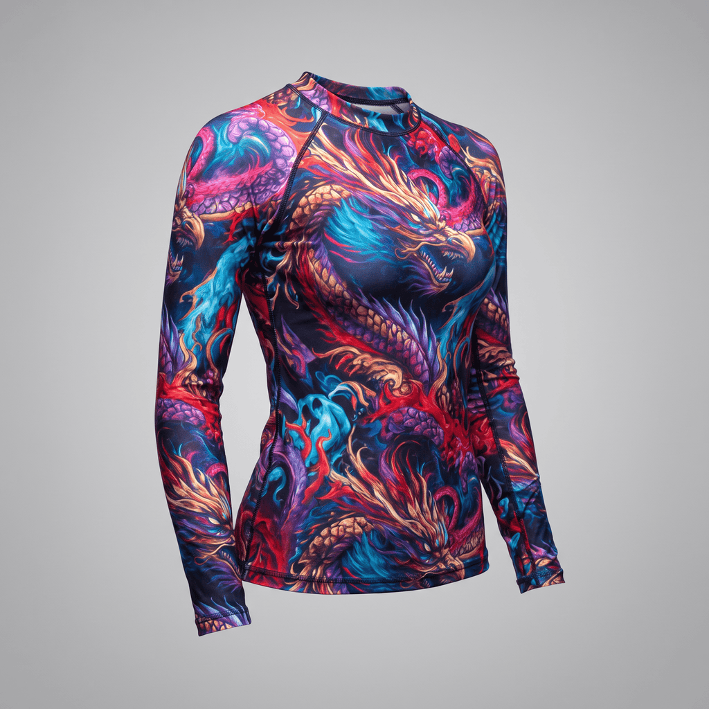 Womens long-sleeve rash guard featuring vibrant red, blue, and purple dragon print on dark background.