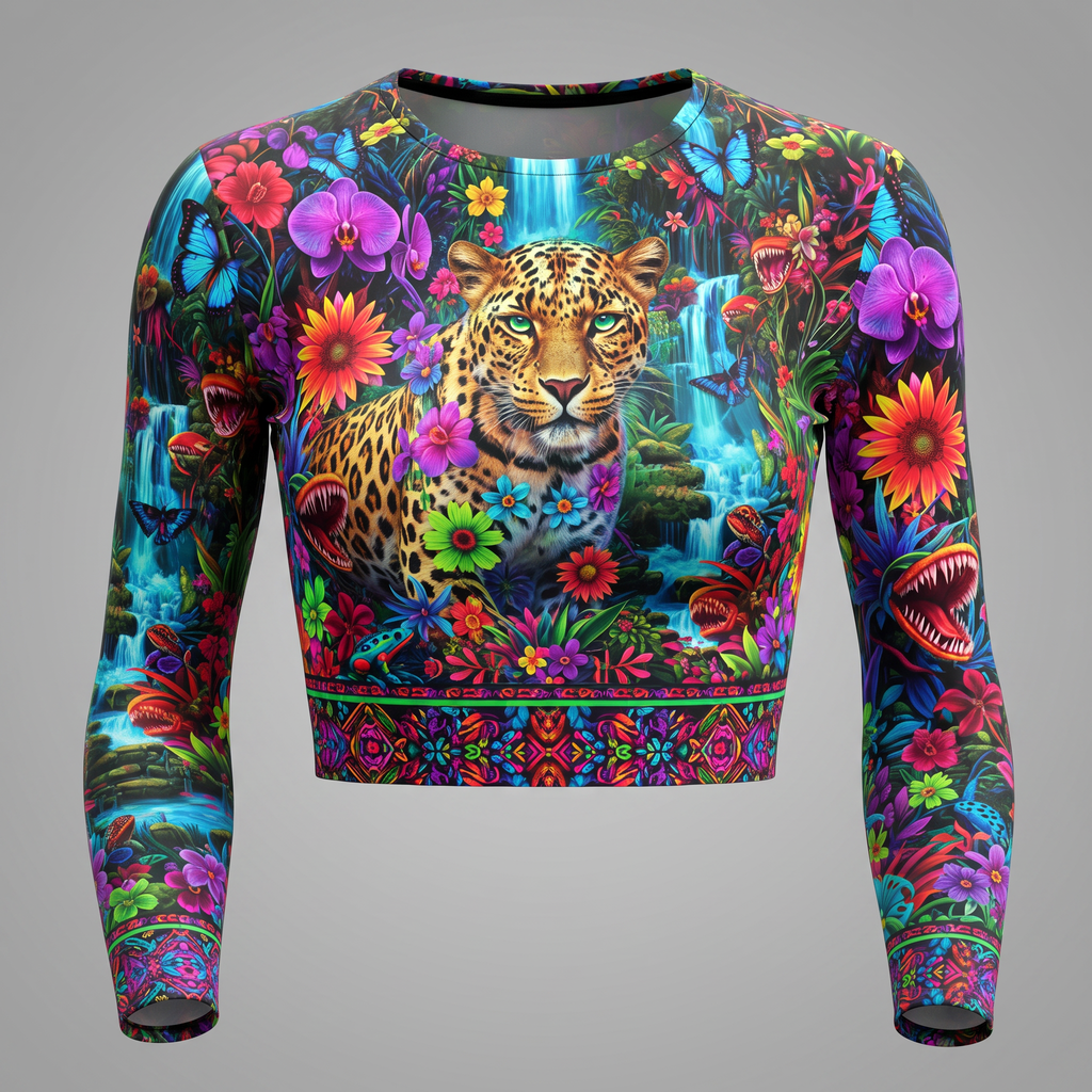 Long sleeve crop top featuring vibrant jungle print with leopard, waterfalls, and colorful flowers.
