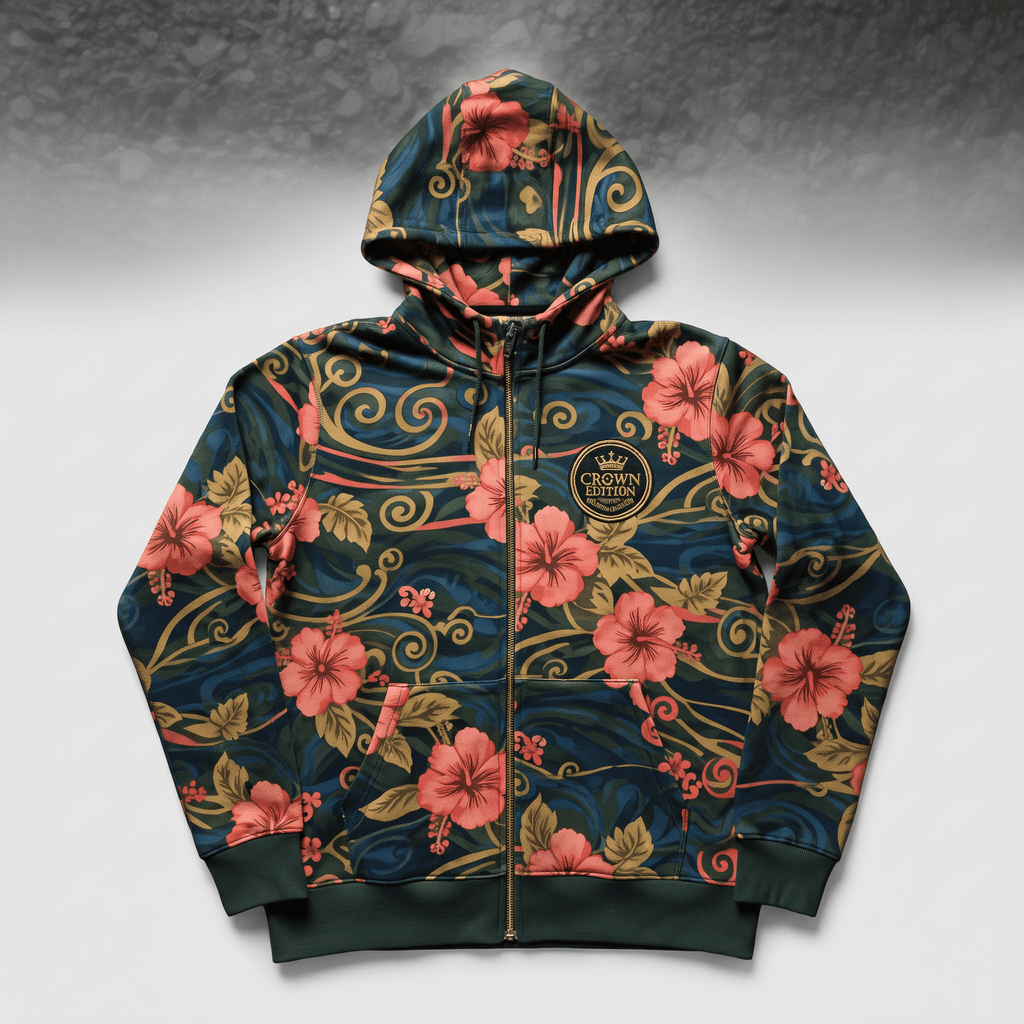 Crown Edition dark blue zip-up hoodie featuring pink hibiscus floral print and gold logo patch.