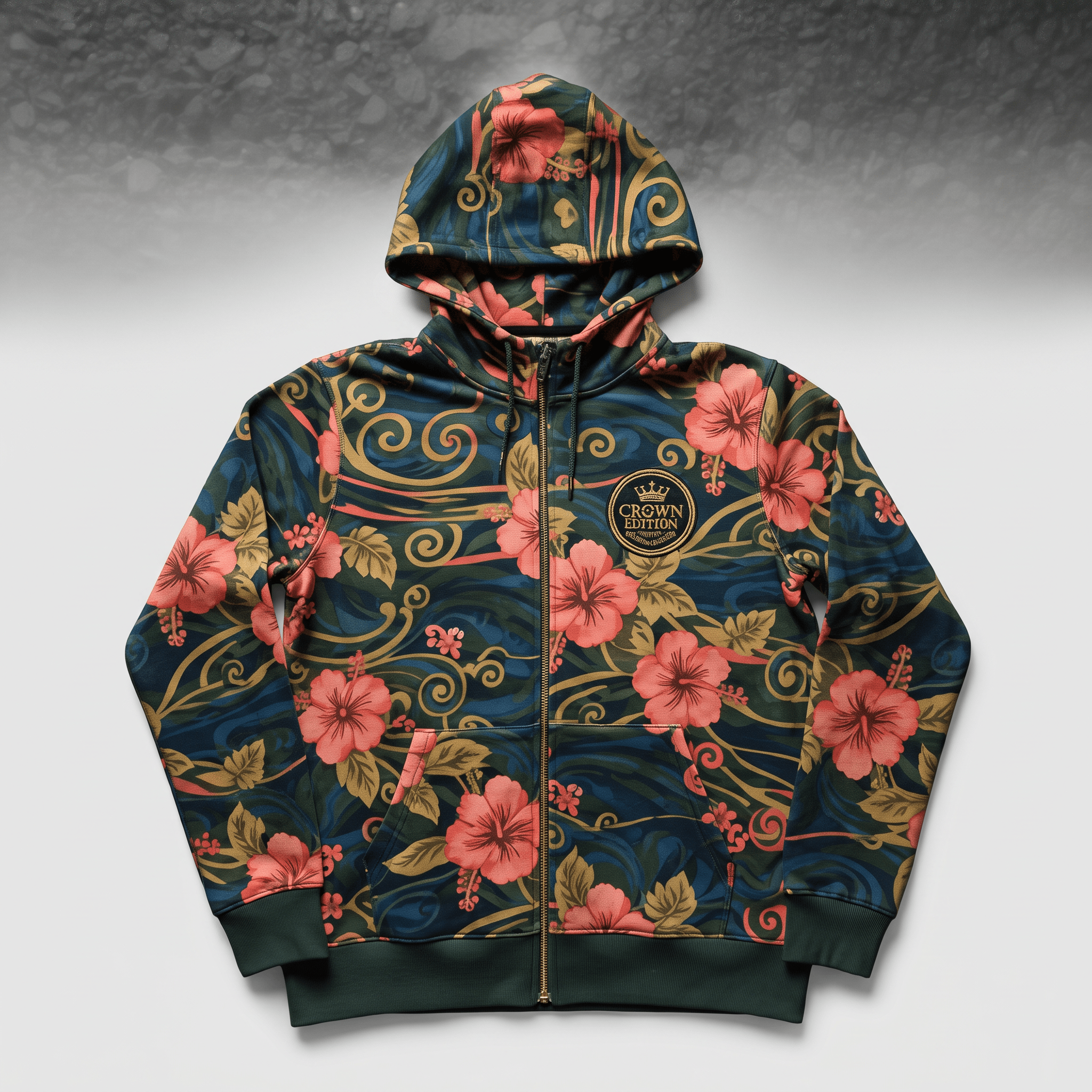 Crown Edition dark blue zip-up hoodie featuring pink hibiscus floral print and gold logo patch.