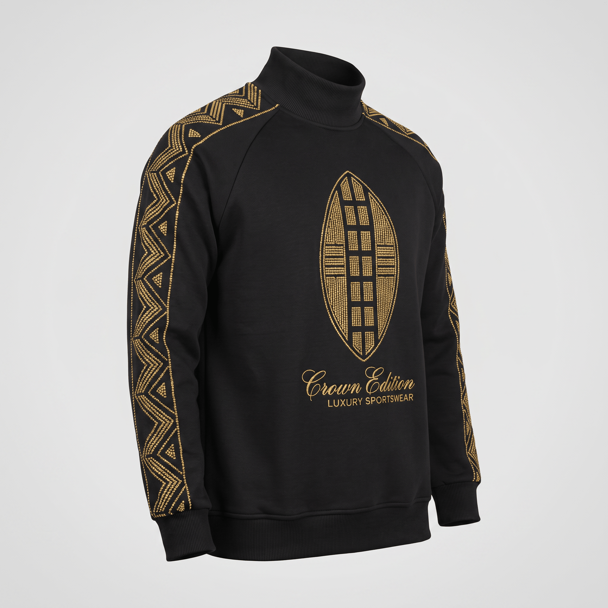 Black turtleneck sweatshirt with gold rhinestone tribal pattern on sleeves and shield logo on chest.