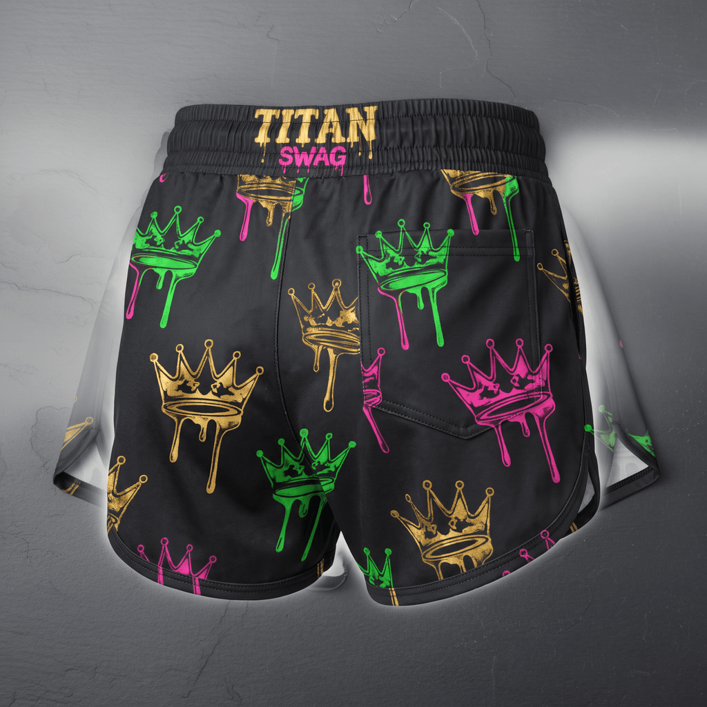 Black athletic shorts with colorful dripping crown pattern and Titan Swag waistband.