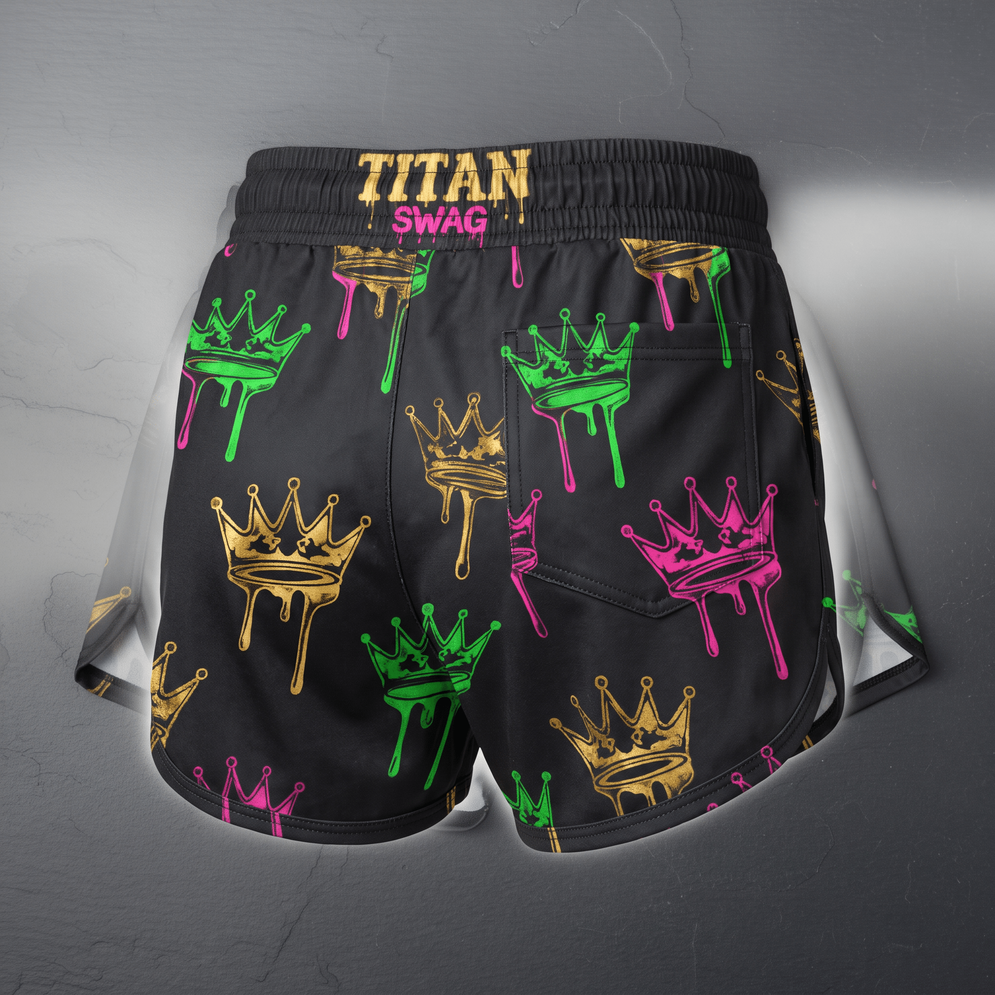 Black athletic shorts with colorful dripping crown pattern and Titan Swag waistband.