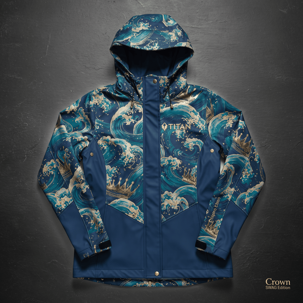 Blue hooded jacket with gold wave and crown pattern laid flat on a dark textured surface.