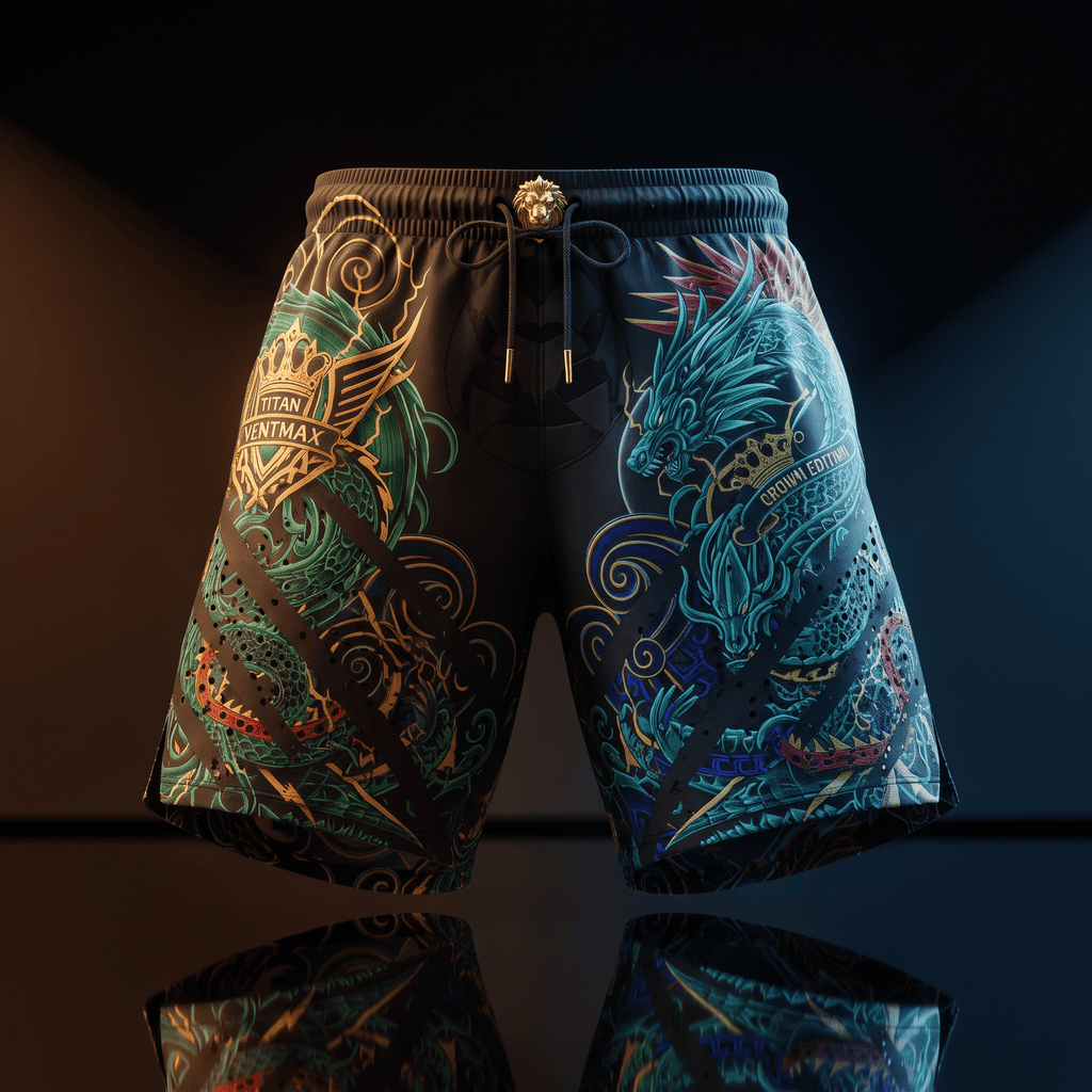 Black athletic shorts with vibrant teal and green dragon graphics, gold lion drawstring charm, and vented leg panels.