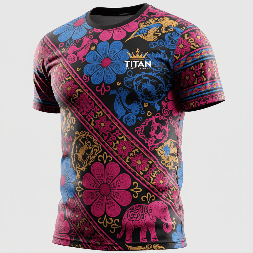Black athletic t-shirt with vibrant pink, blue, and gold Thai-style floral and elephant print.