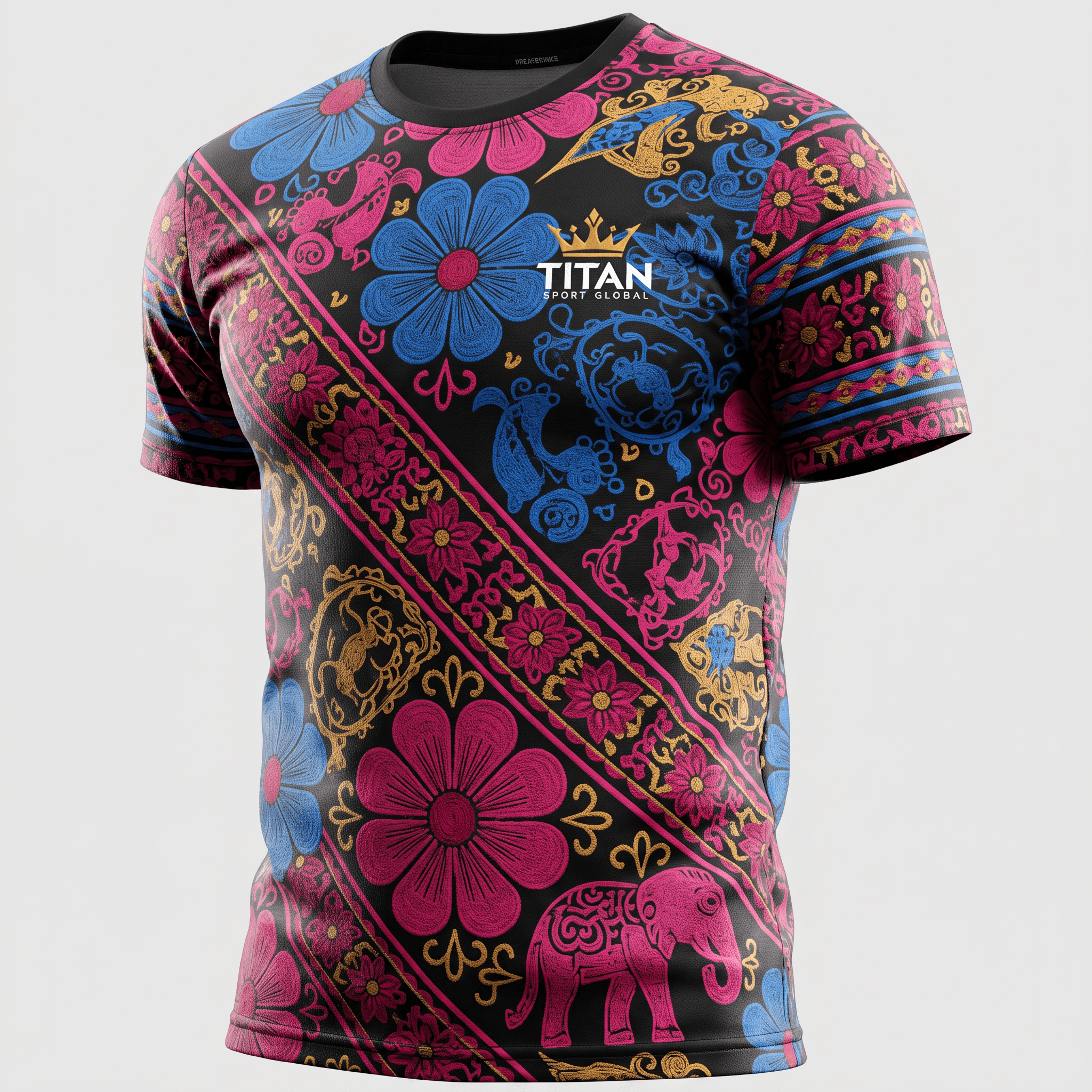 Black athletic t-shirt with vibrant pink, blue, and gold Thai-style floral and elephant print.