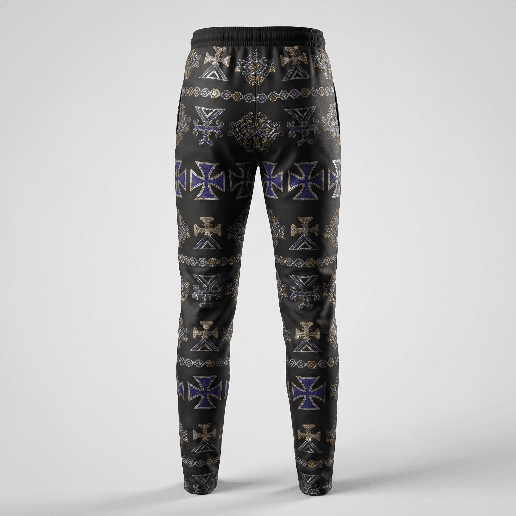 Back view of black sweatpants with a gothic purple and gold cross pattern against a plain background.