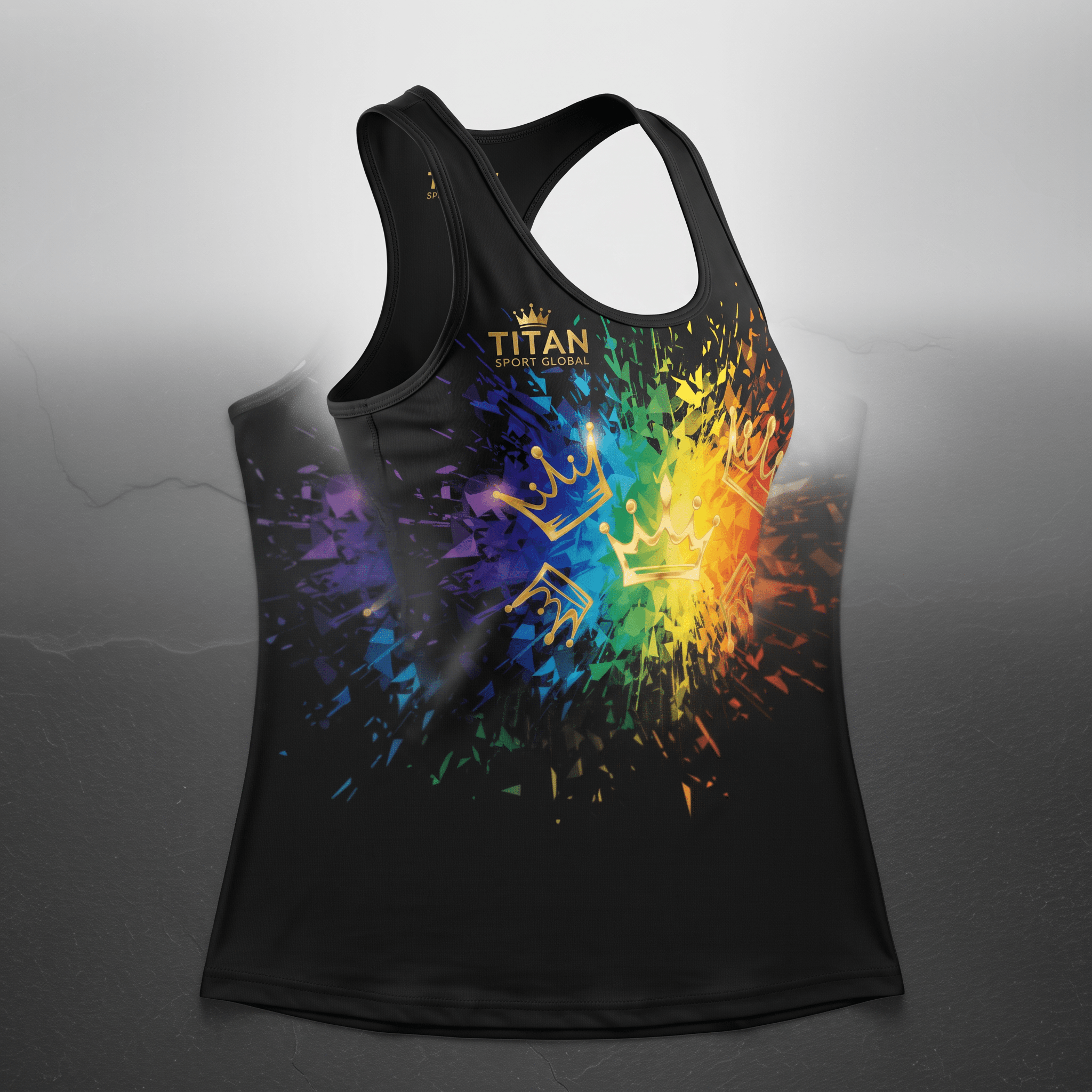 Black athletic tank top featuring a vibrant rainbow splash and gold crown graphics with Titan Sport Global text.