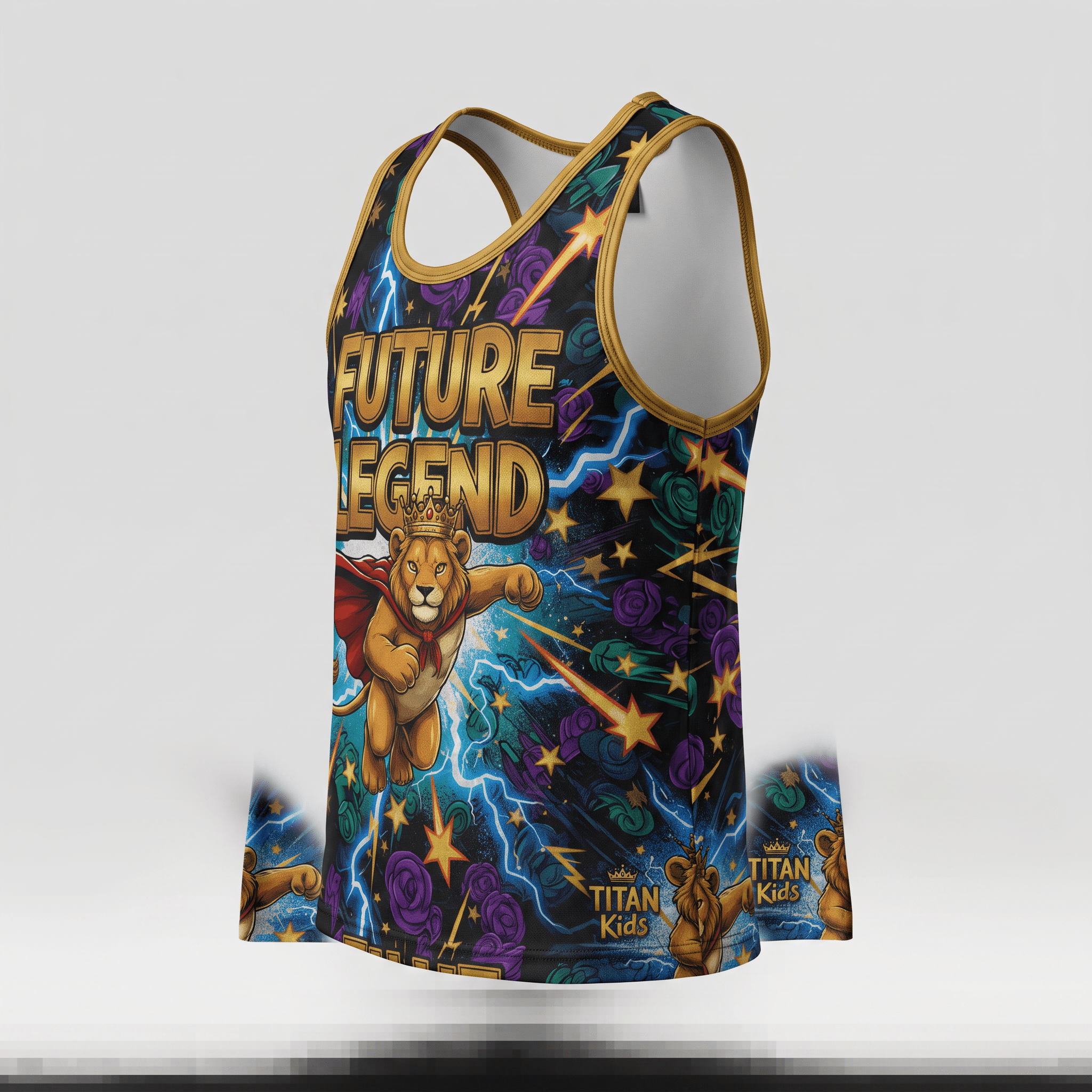 Black and gold tank top featuring Future Legend lion superhero graphic with comic book print.