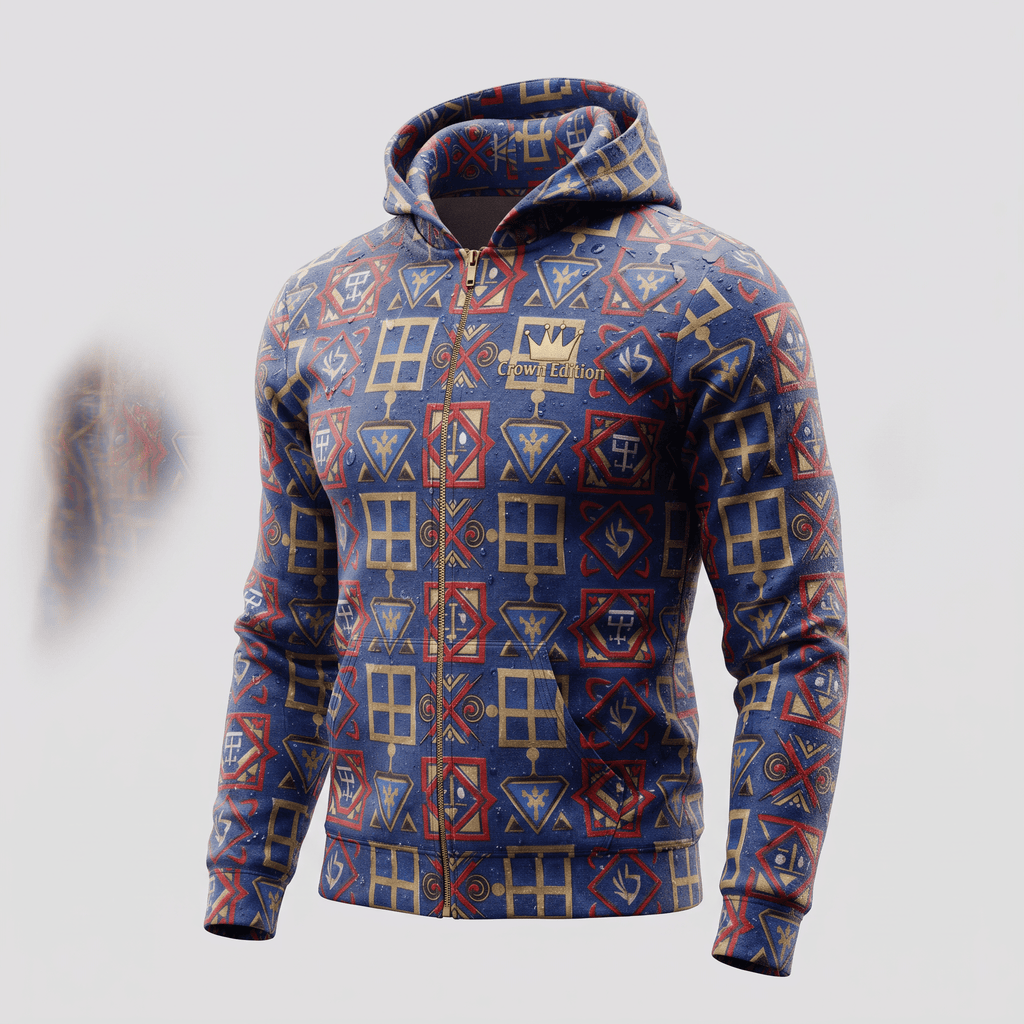 Blue full-zip hoodie with an all-over red and gold geometric crown print, front pockets, and a gold Crown Edition logo.