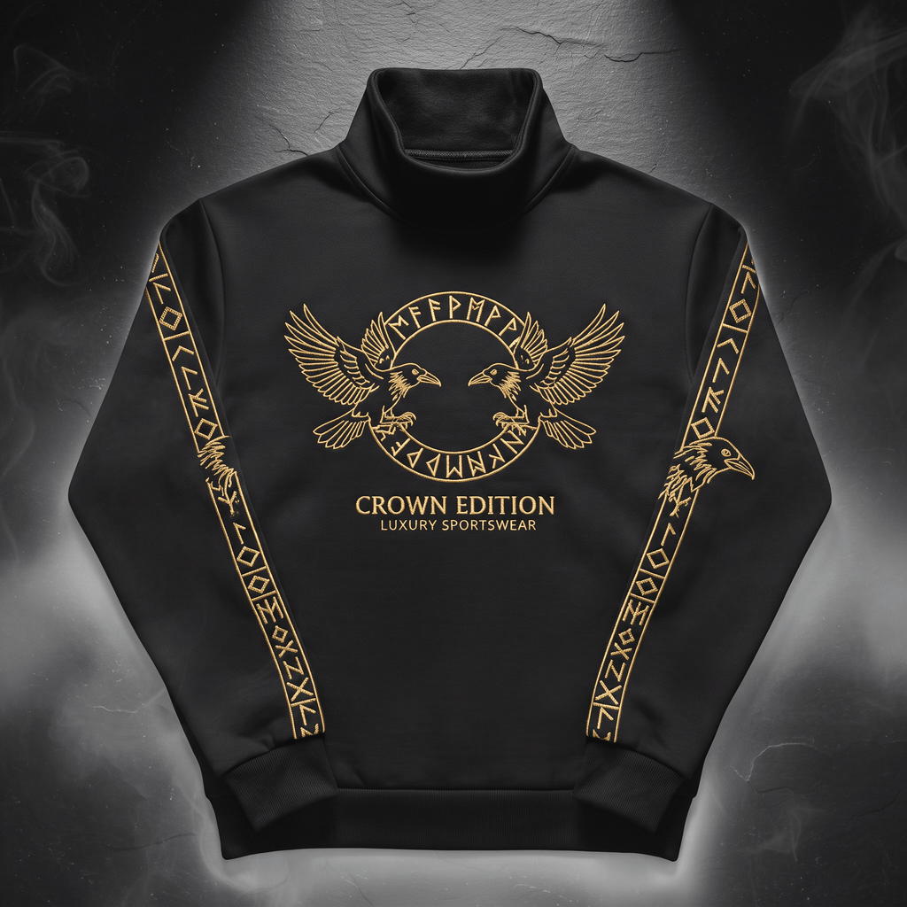 Black mock neck sweatshirt with gold crow and rune graphic, crown edition luxury sportswear branding.