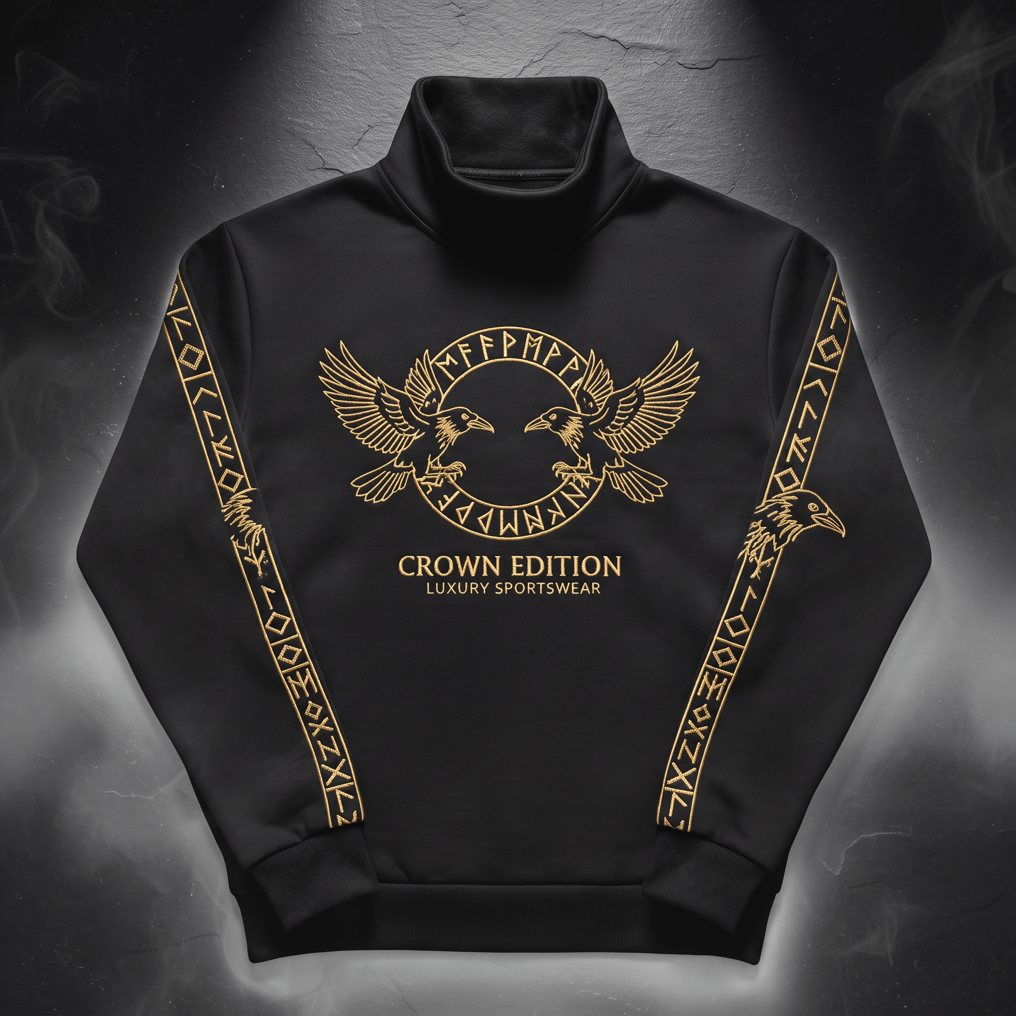 Black mock neck sweatshirt with gold crow and rune graphic, crown edition luxury sportswear branding.