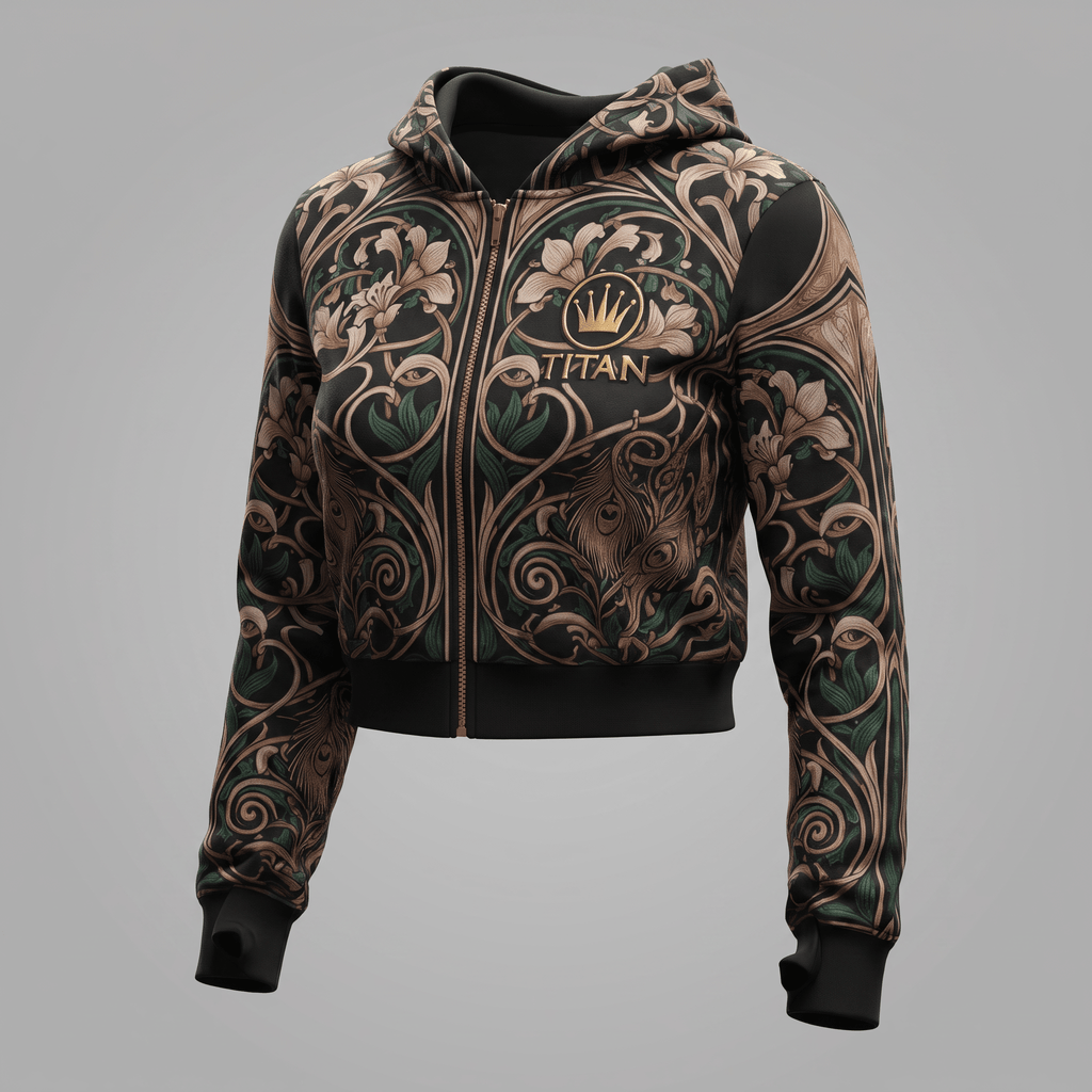 Black zip-up crop hoodie featuring ornate art nouveau floral patterns in beige and green, with a gold Titan crown logo.