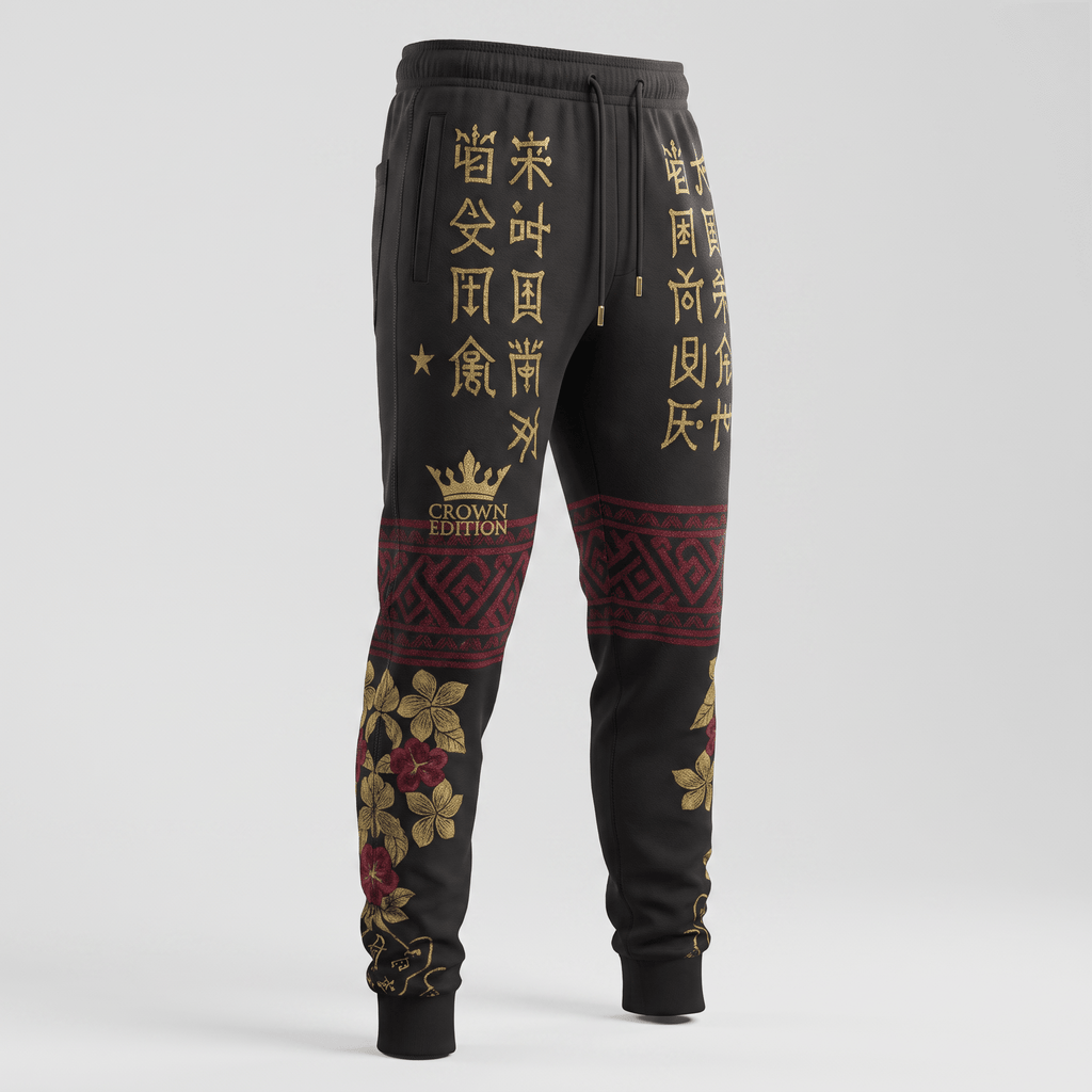 Black joggers featuring gold Asian script, a red geometric band, Crown Edition text, and floral graphics.