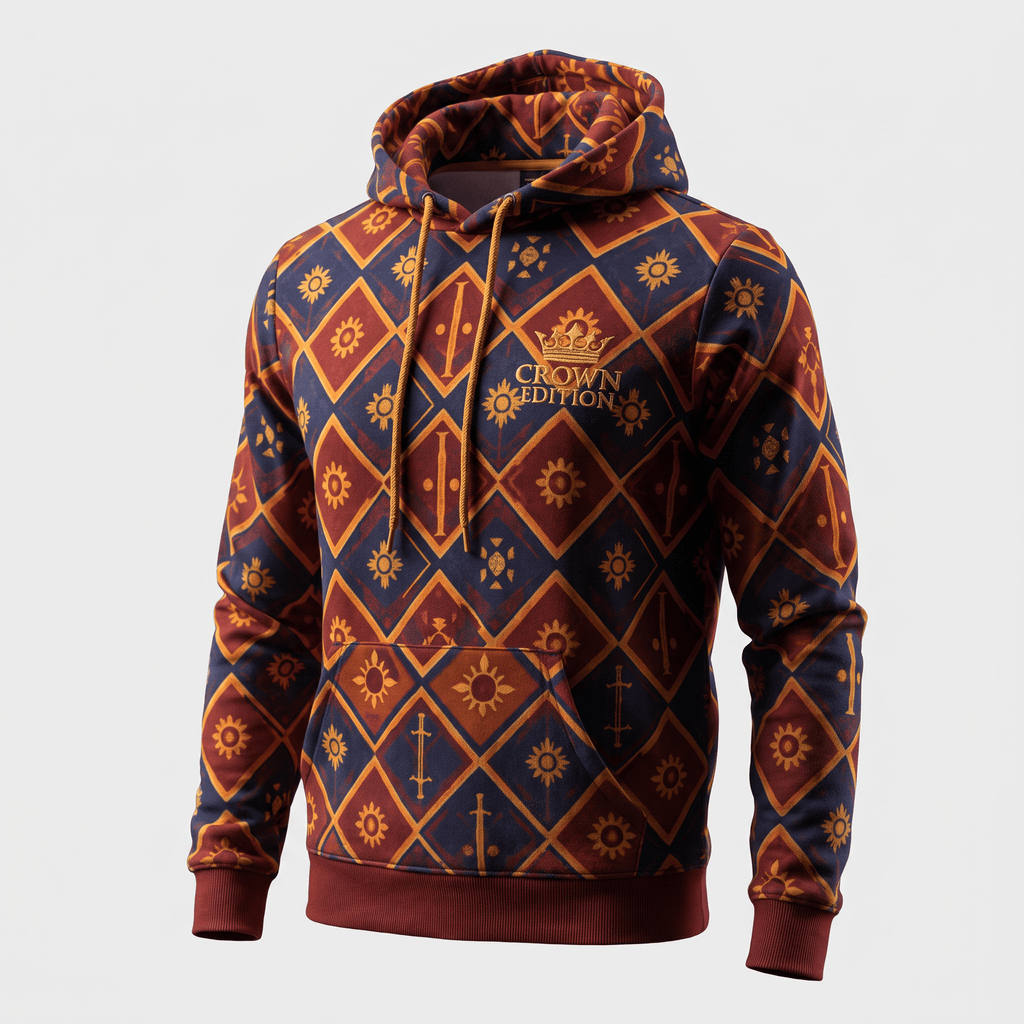 Navy blue and rust red hoodie featuring a diamond argyle pattern with sun and crown print and Crown Edition logo.