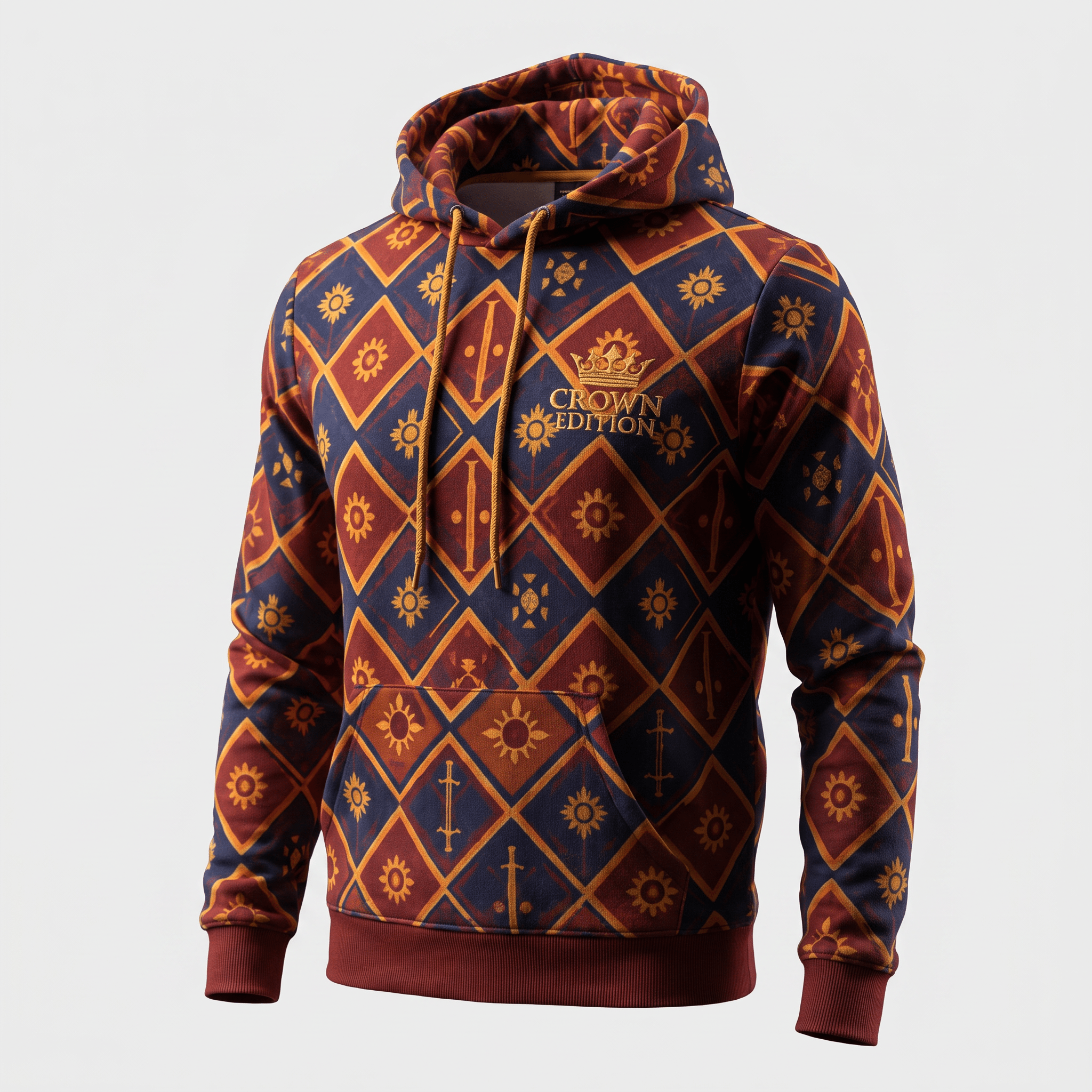 Navy blue and rust red hoodie featuring a diamond argyle pattern with sun and crown print and Crown Edition logo.