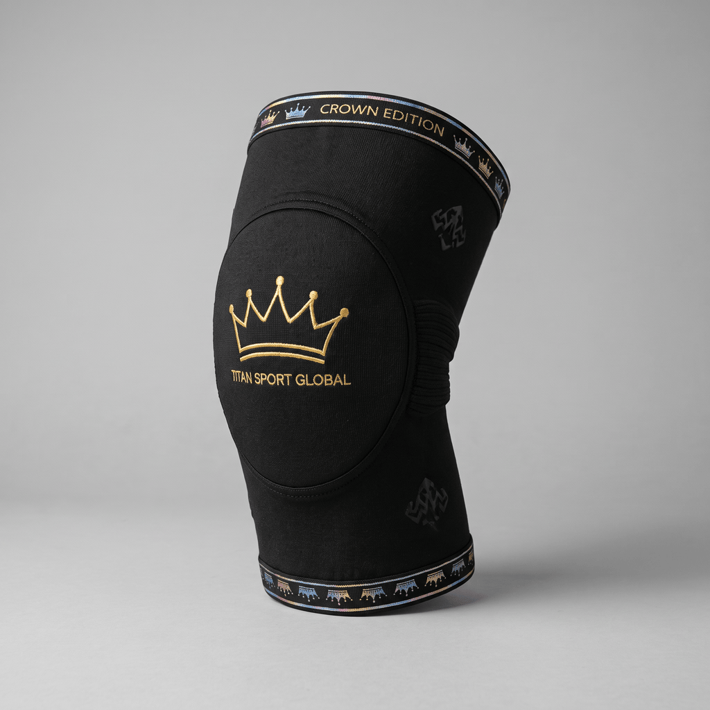 Black Titan Sport Global Crown Edition knee sleeve with gold embroidered crown logo on a grey background.