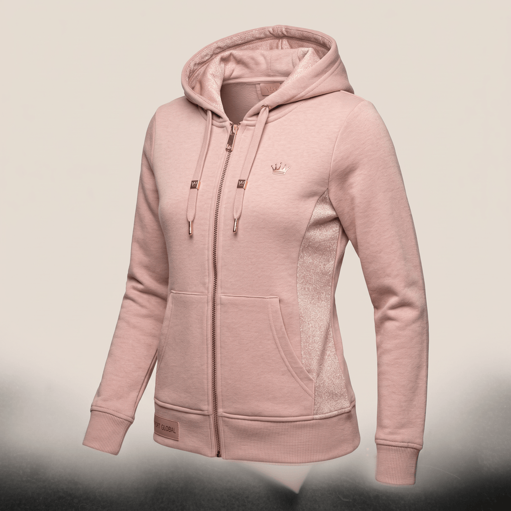 Dusty pink zip-up hoodie with a sparkly side panel, front pockets, and a metallic crown logo.