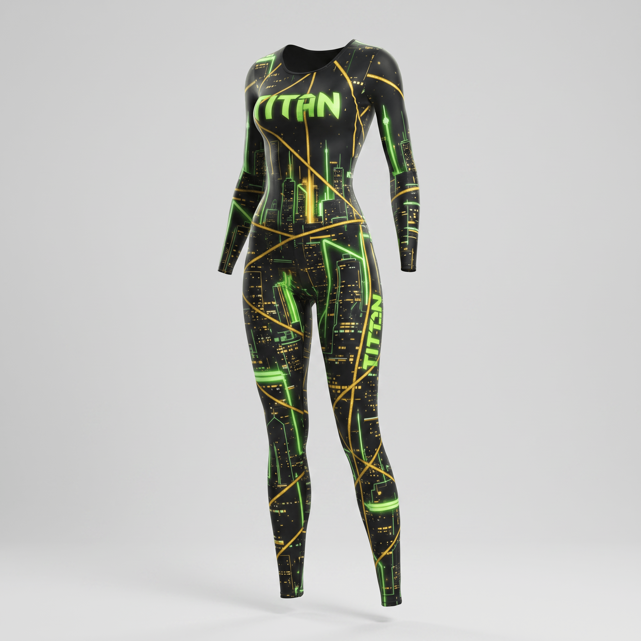 Black long-sleeve bodysuit with glowing green and yellow cyberpunk city skyline graphics and Titan text.