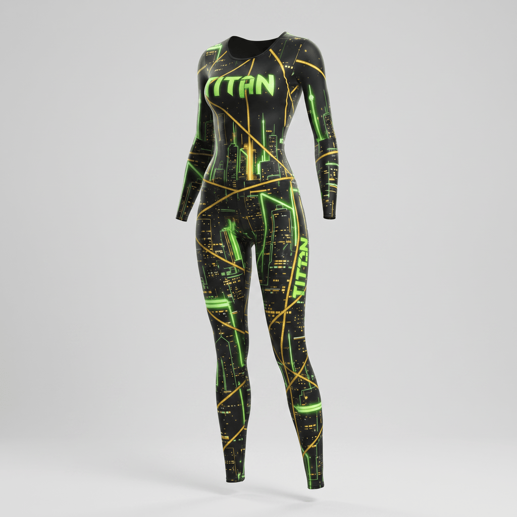 Black long-sleeve women bodysuit with green and yellow neon city skyline print and Titan logo.