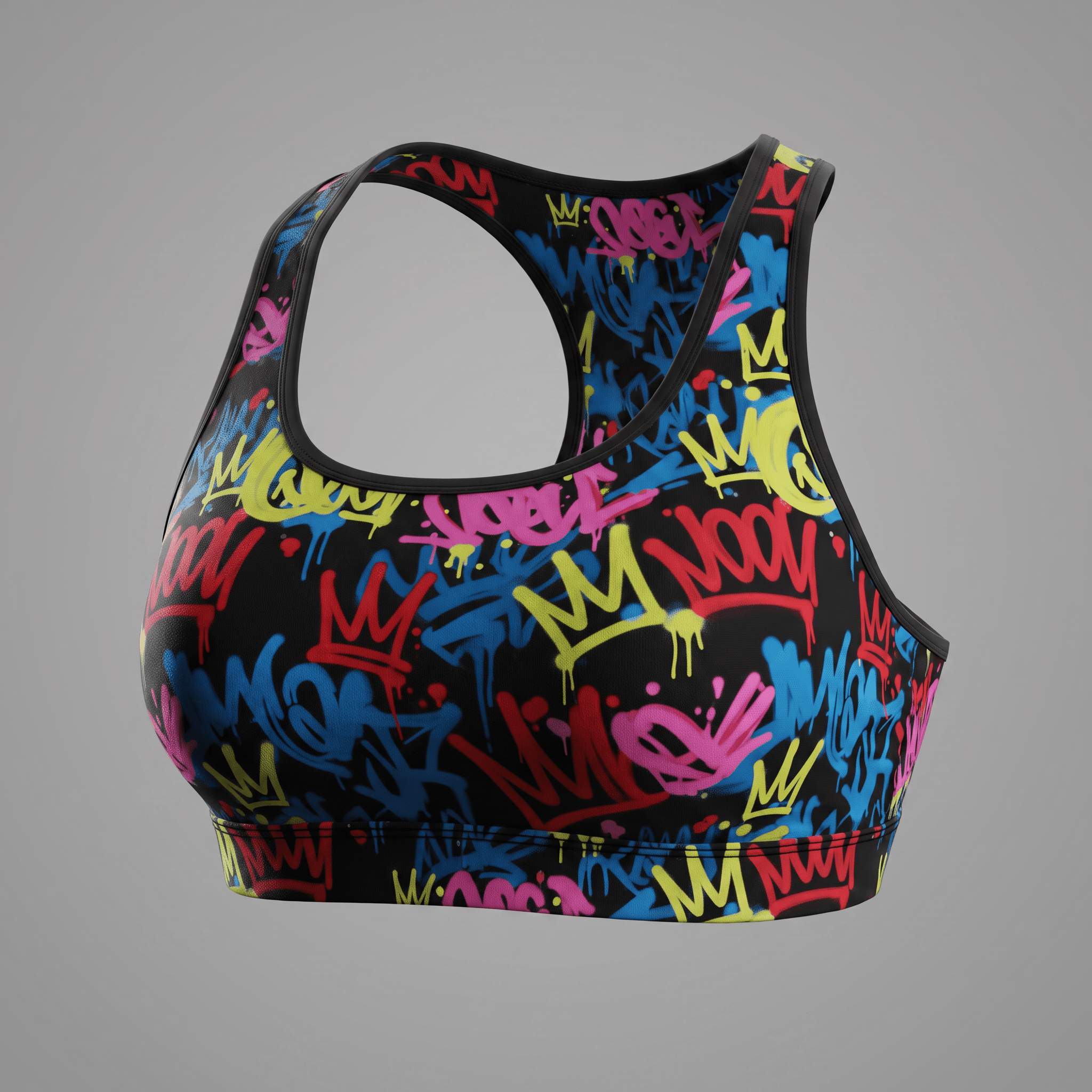Black sports bra with colorful graffiti crown print and racerback style.
