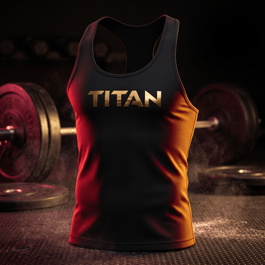 Black athletic tank top with gold "TITAN" logo, featuring red and orange lighting against a gym background.