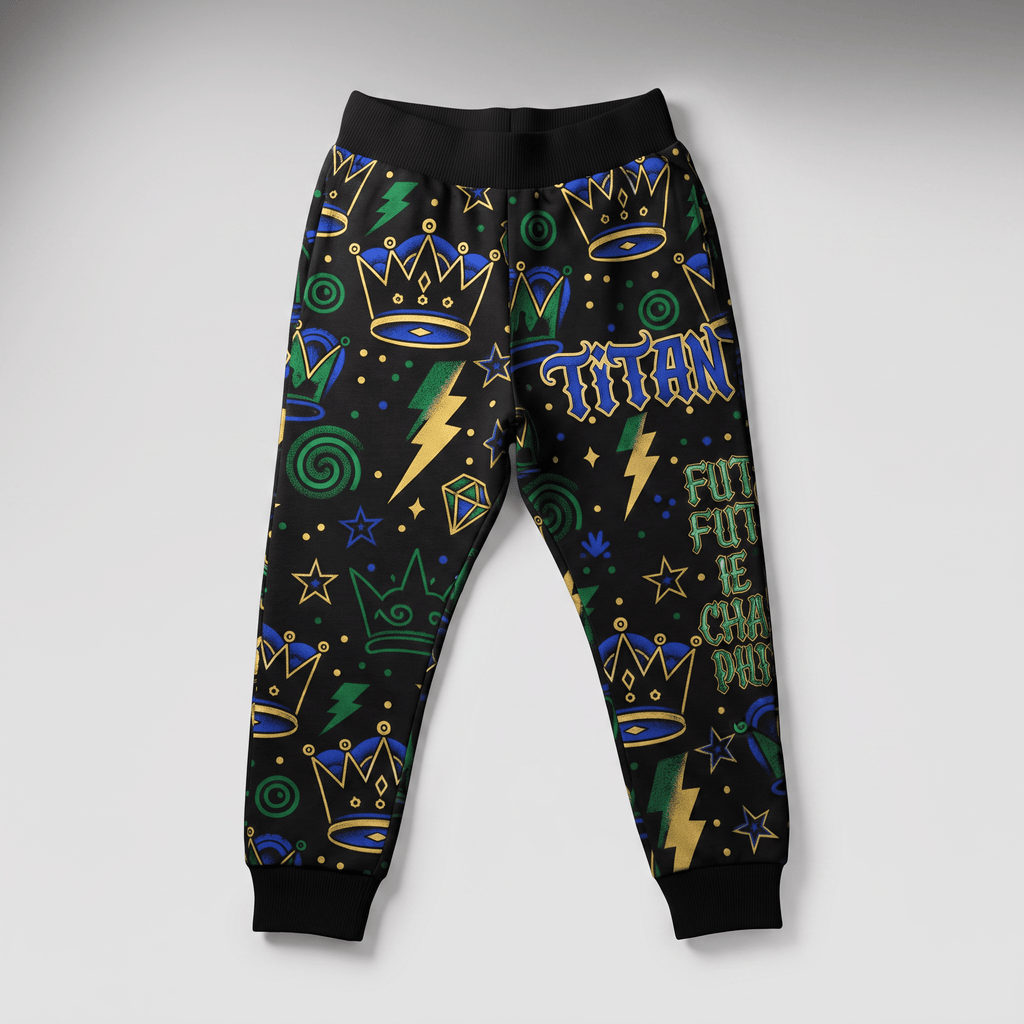 Black joggers with black waistband and cuffs, featuring a graffiti-style crown, lightning bolt, and text print.