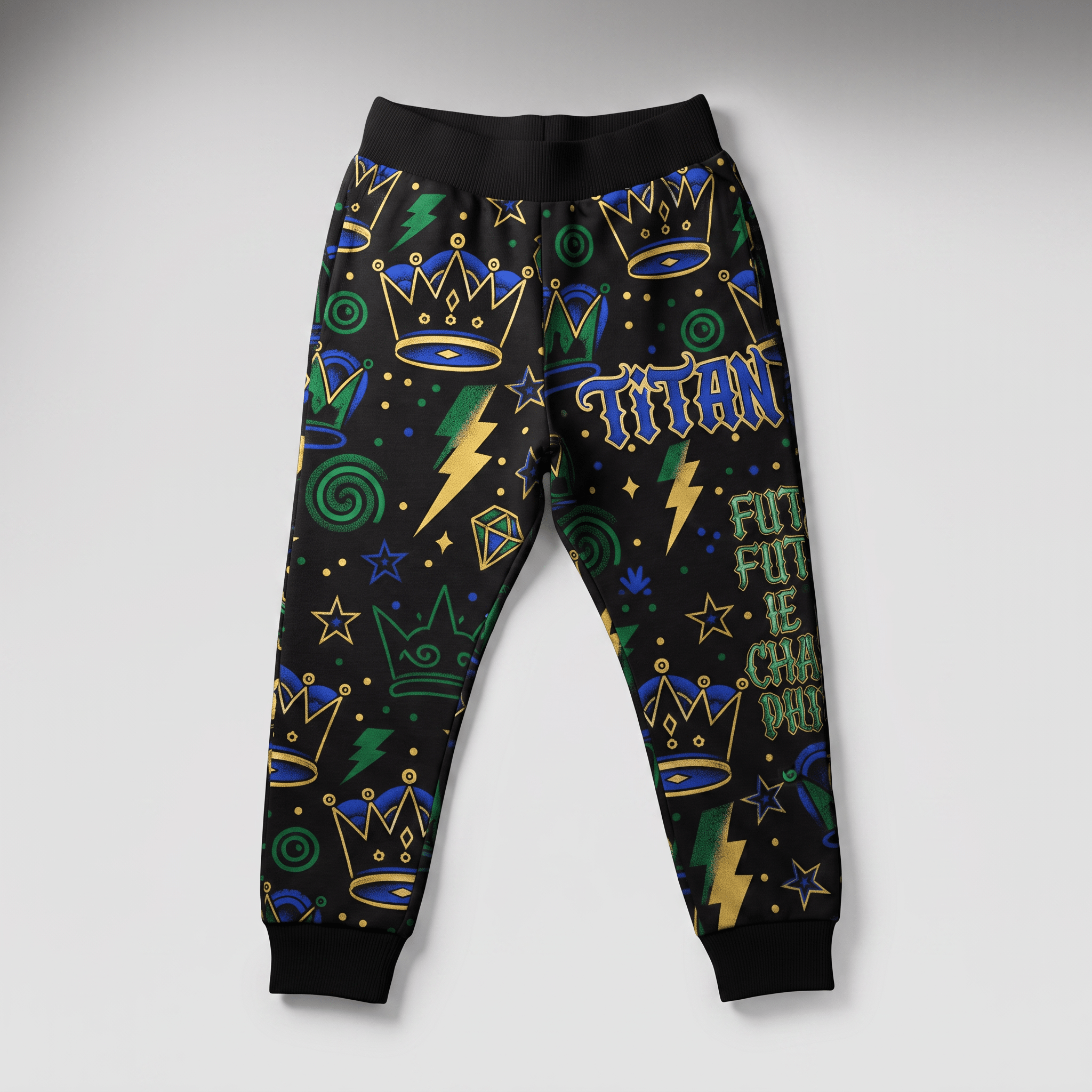 Black joggers with black waistband and cuffs, featuring a graffiti-style crown, lightning bolt, and text print.