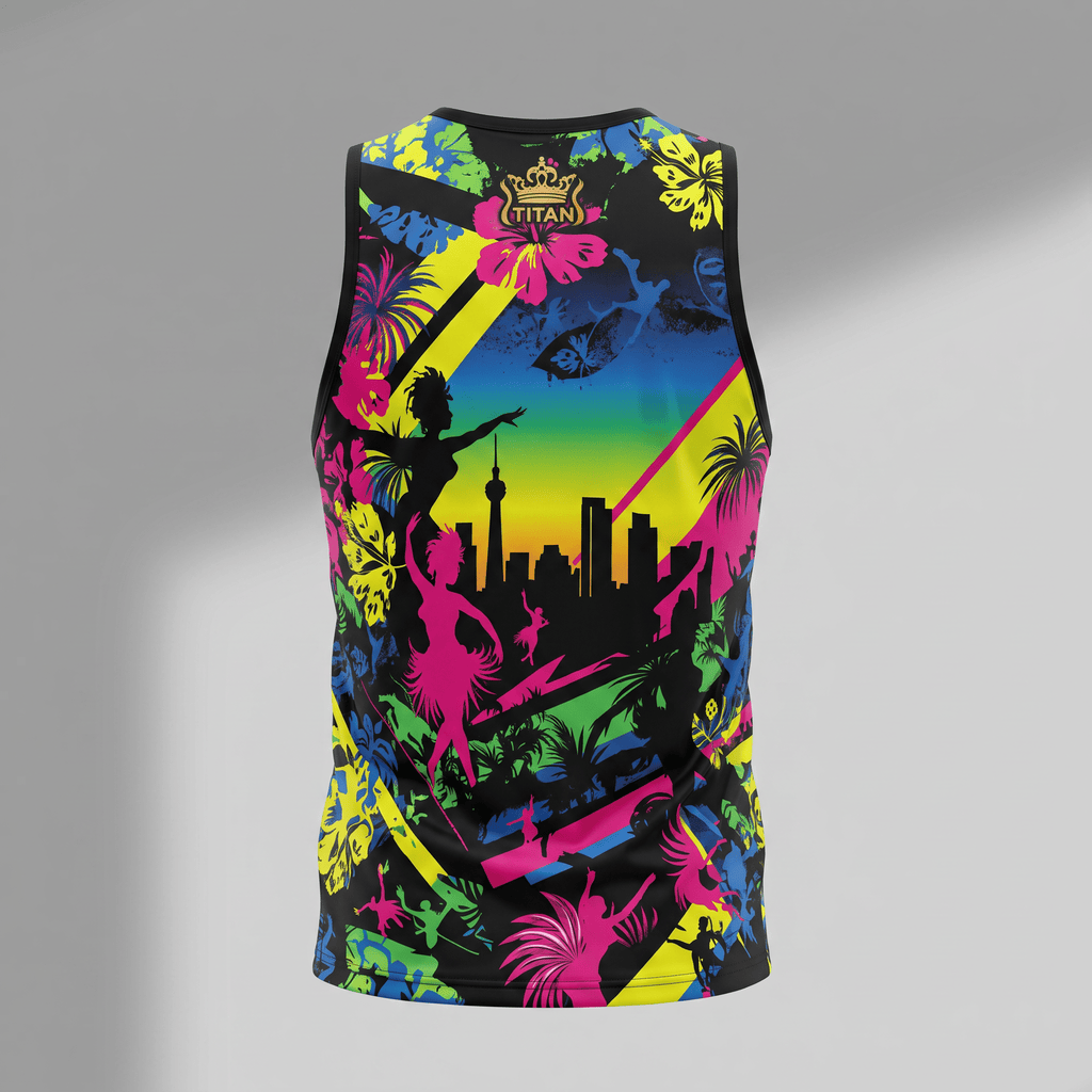 Back view of a black tank top featuring a colorful graphic of dancers, a city skyline, and tropical flowers.