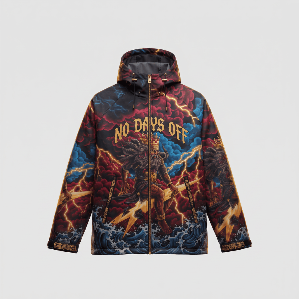No Days Off hooded jacket featuring a dramatic graphic of Zeus with lightning, clouds, and turbulent waves.