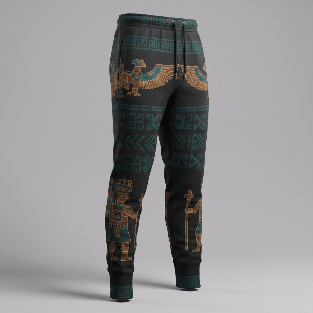 Black sweatpants with teal and bronze ancient motifs, including eagles and figures, in a casual style.