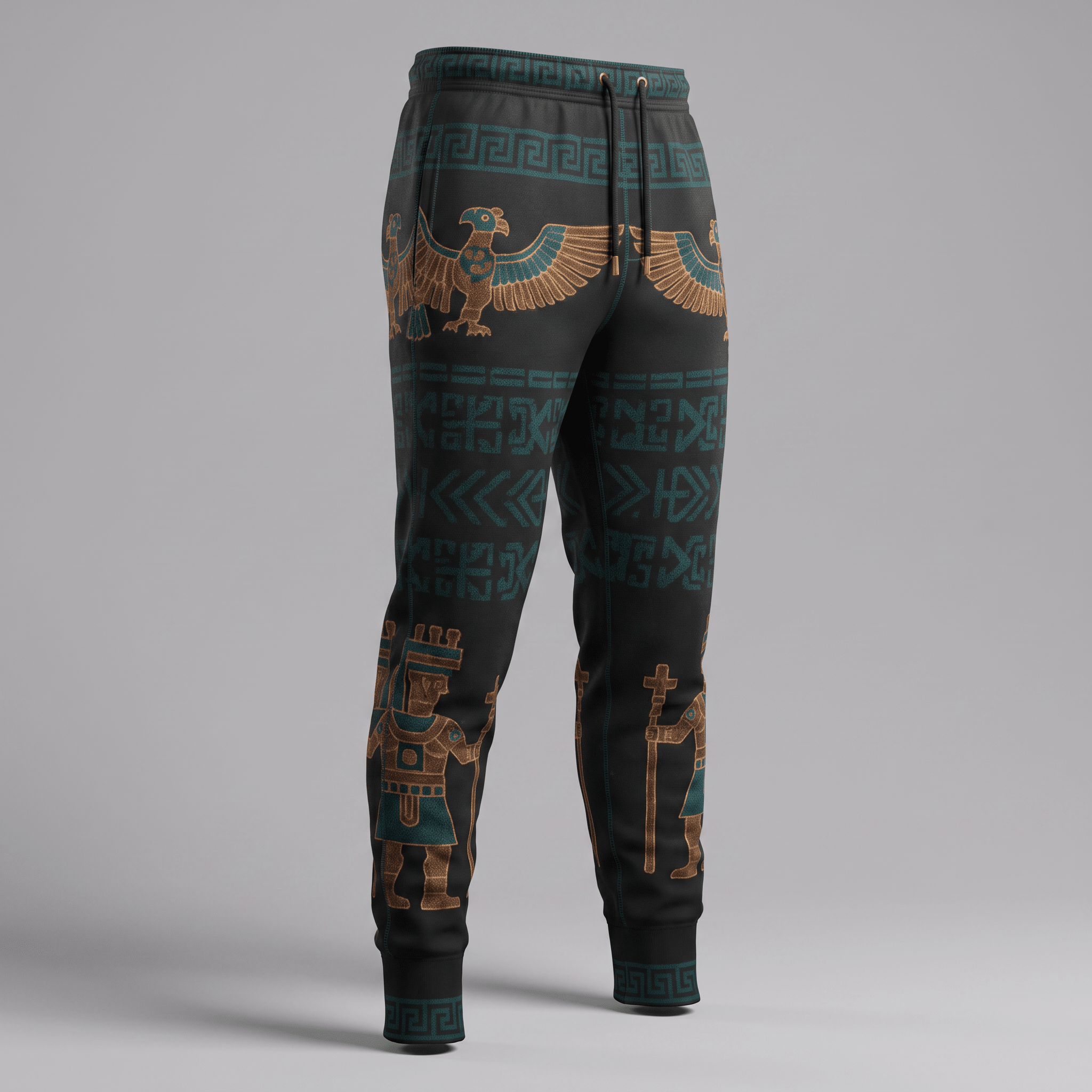 Black sweatpants with teal and bronze ancient motifs, including eagles and figures, in a casual style.