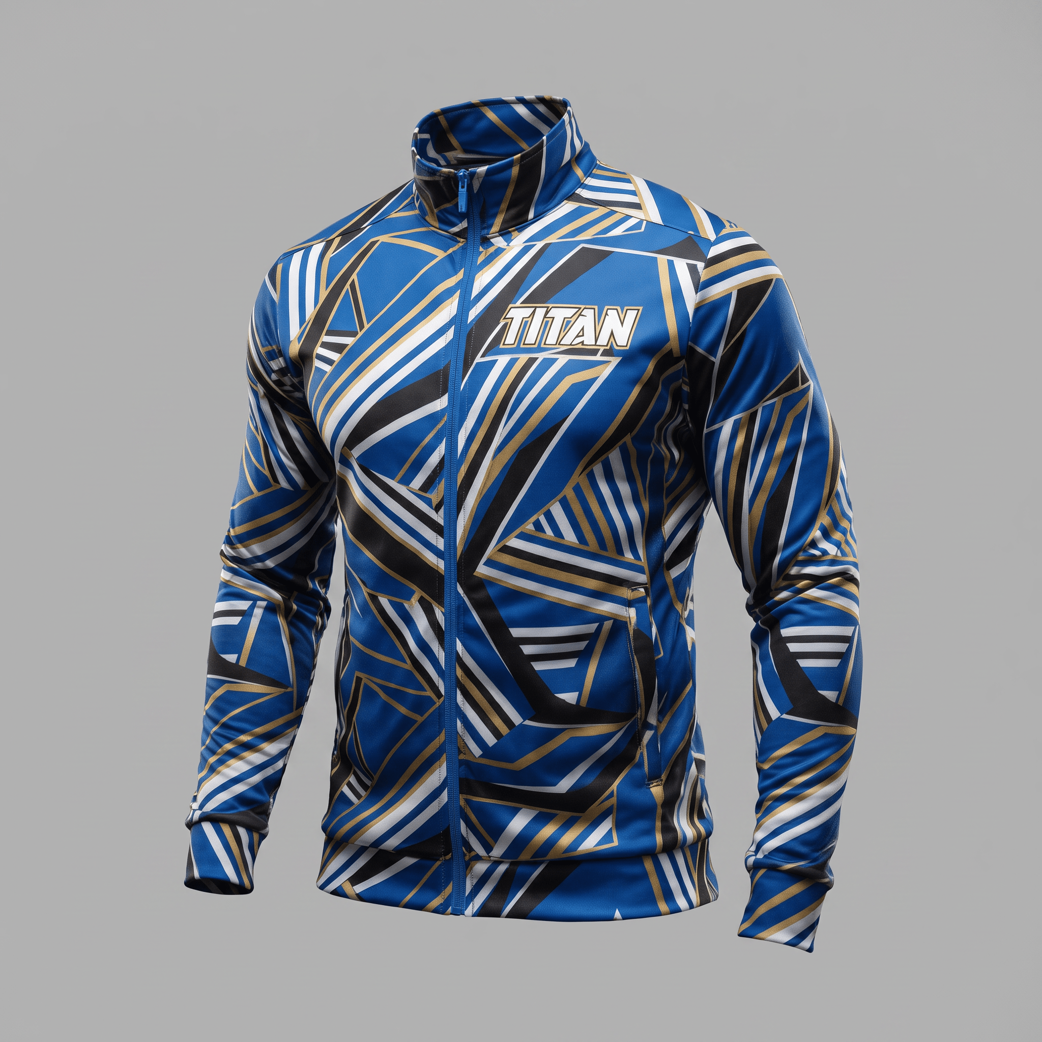 Blue Titan track jacket with abstract geometric pattern in white, black, and gold, featuring a full front zipper.