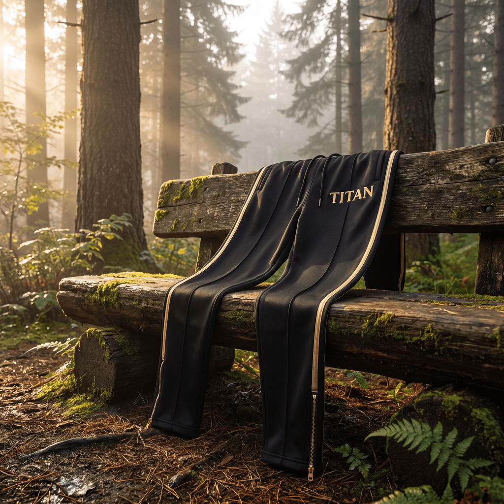 Black athletic joggers with gold side stripes and "TITAN" logo, featuring gold ankle zippers, resting on a forest bench.