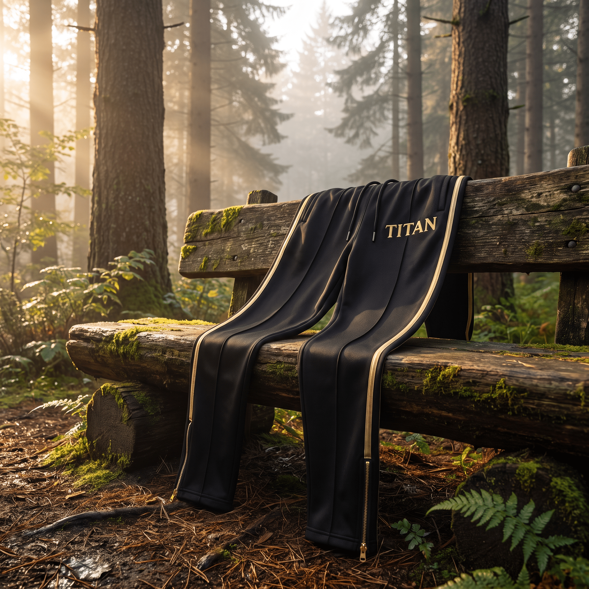 Black athletic joggers with gold side stripes and "TITAN" logo, featuring gold ankle zippers, resting on a forest bench.