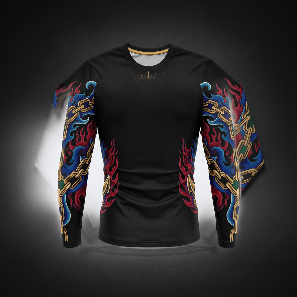Black long-sleeve rash guard with gold chains, red and blue flames, and anchor graphics on sleeves and sides.