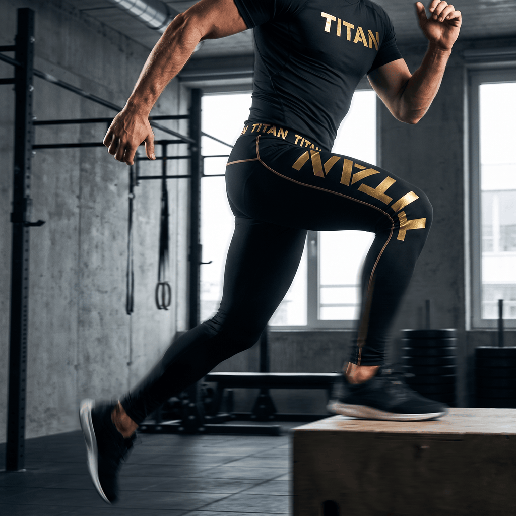 An athlete wearing black TITAN Seamless Leggings with gold branding steps onto a plyo box in a gym.